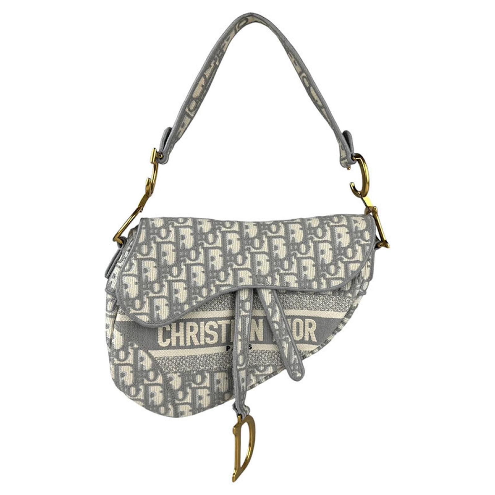 Borsa a Sella in Tela Grigia e Bianca Christian Dior Marrone