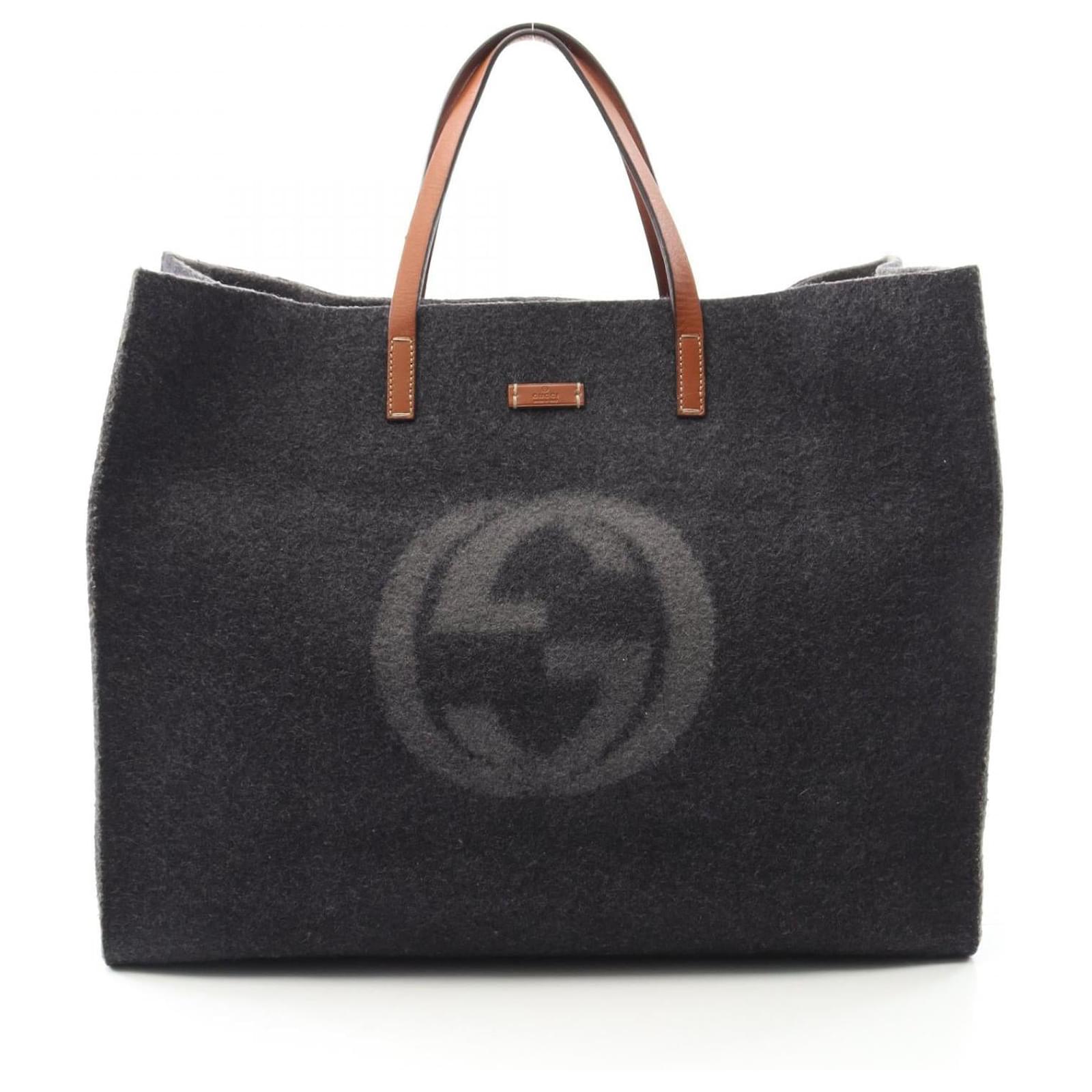 Gucci Double G Leather Felt Tote Bag Brown Grey Joli