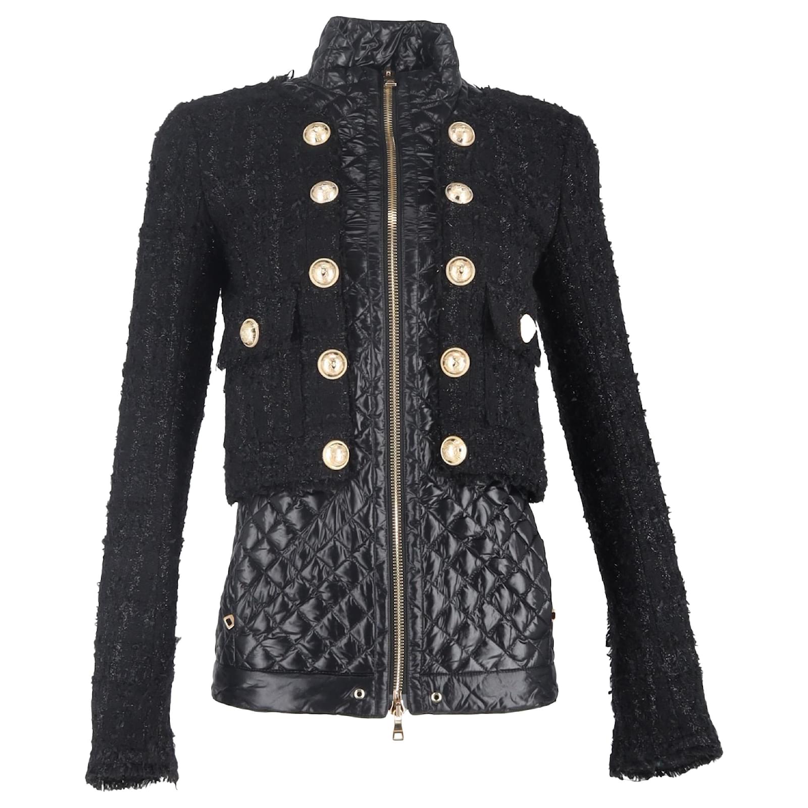 Balmain Tweed Layered Quilted Jacket with Gold Buttons in Black