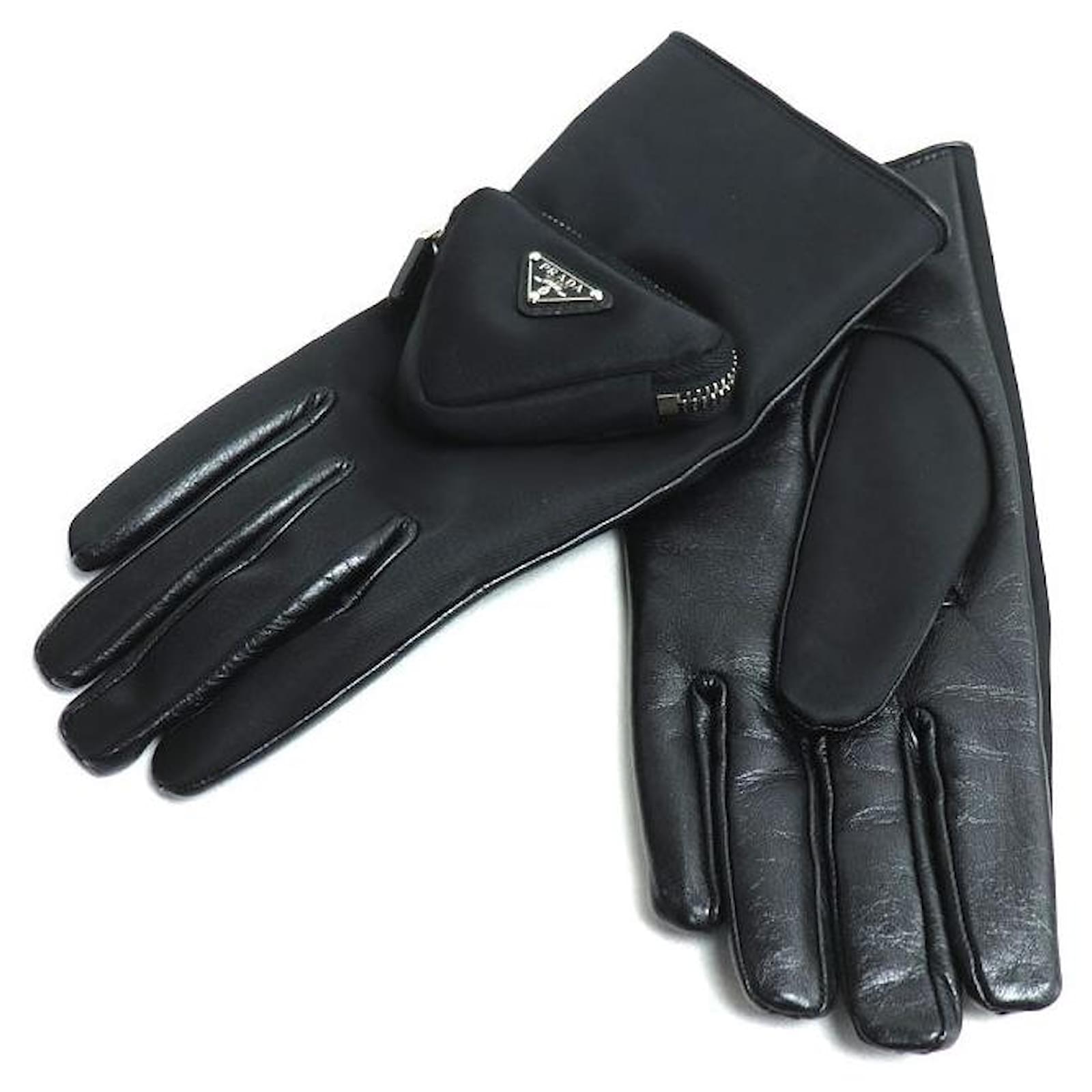 Prada Triangle Logo Leather Gloves Black Polyester ref.2488045