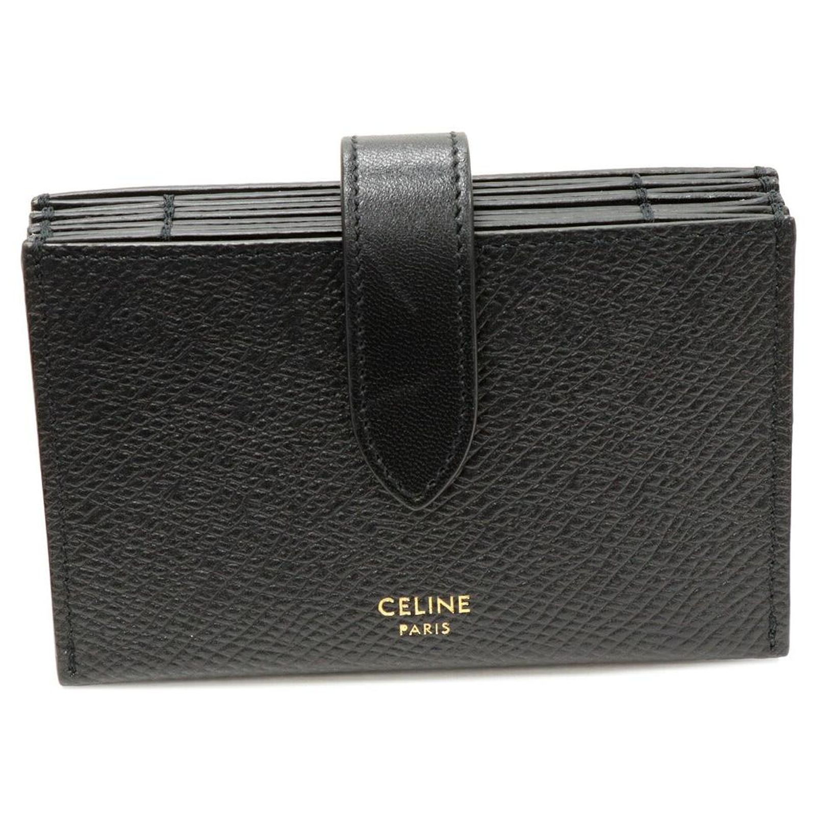 Céline Celine Calf Card Case Accordion Holder Black Leather Pony 