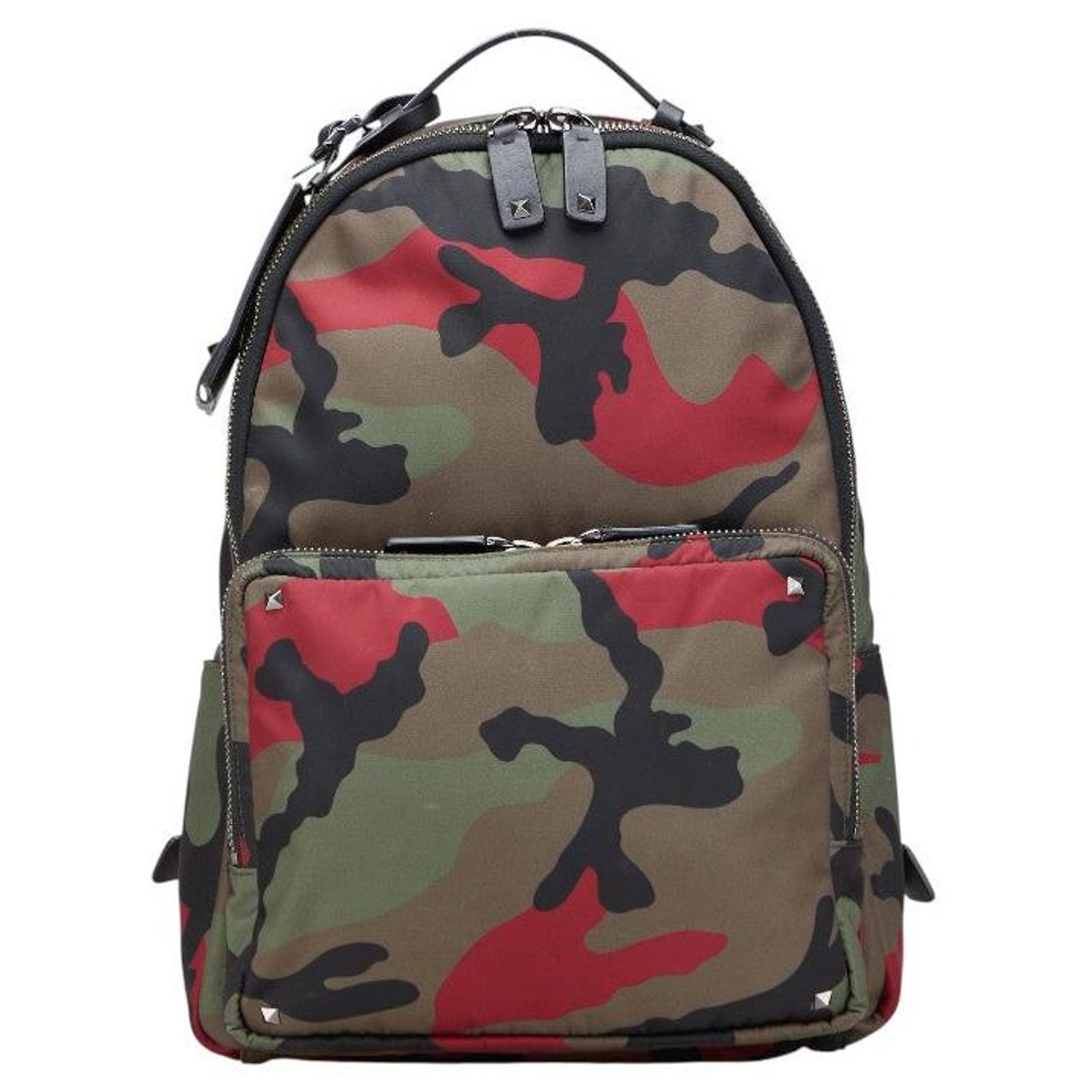 Valentino Studs Camouflage Nylon Leather Backpack Red  display picture 3