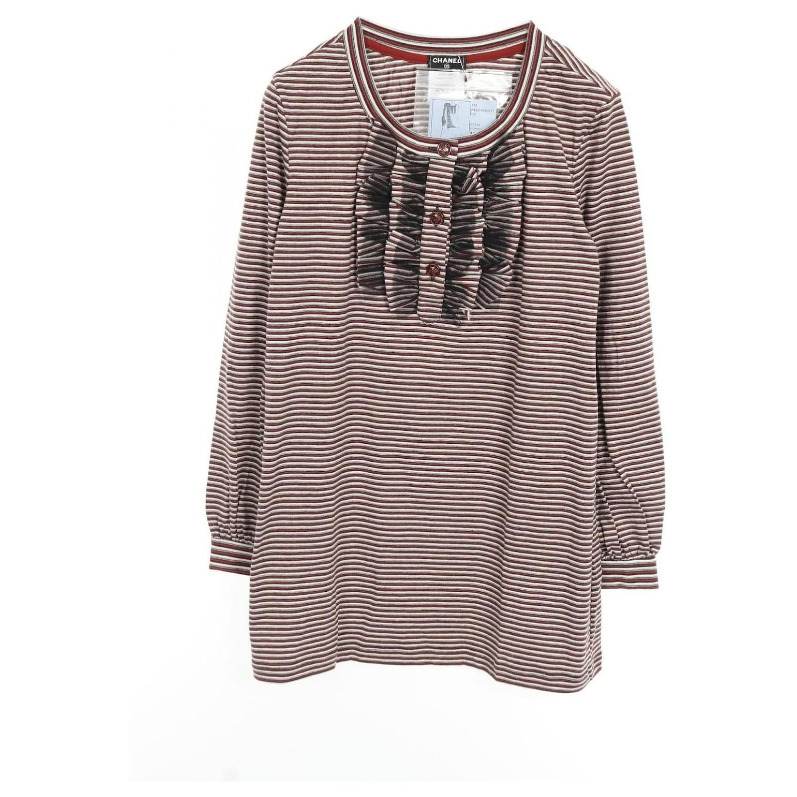 Chanel Coco Mark Button Cotton Top White Red Dark red