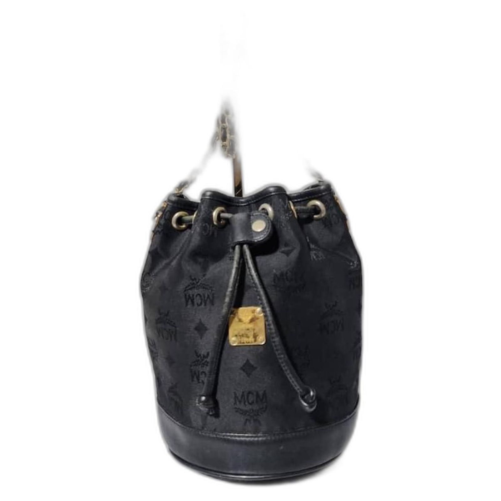MCM Vintage Nylon Visetos Chain Bucket Drawstring Bag Black 