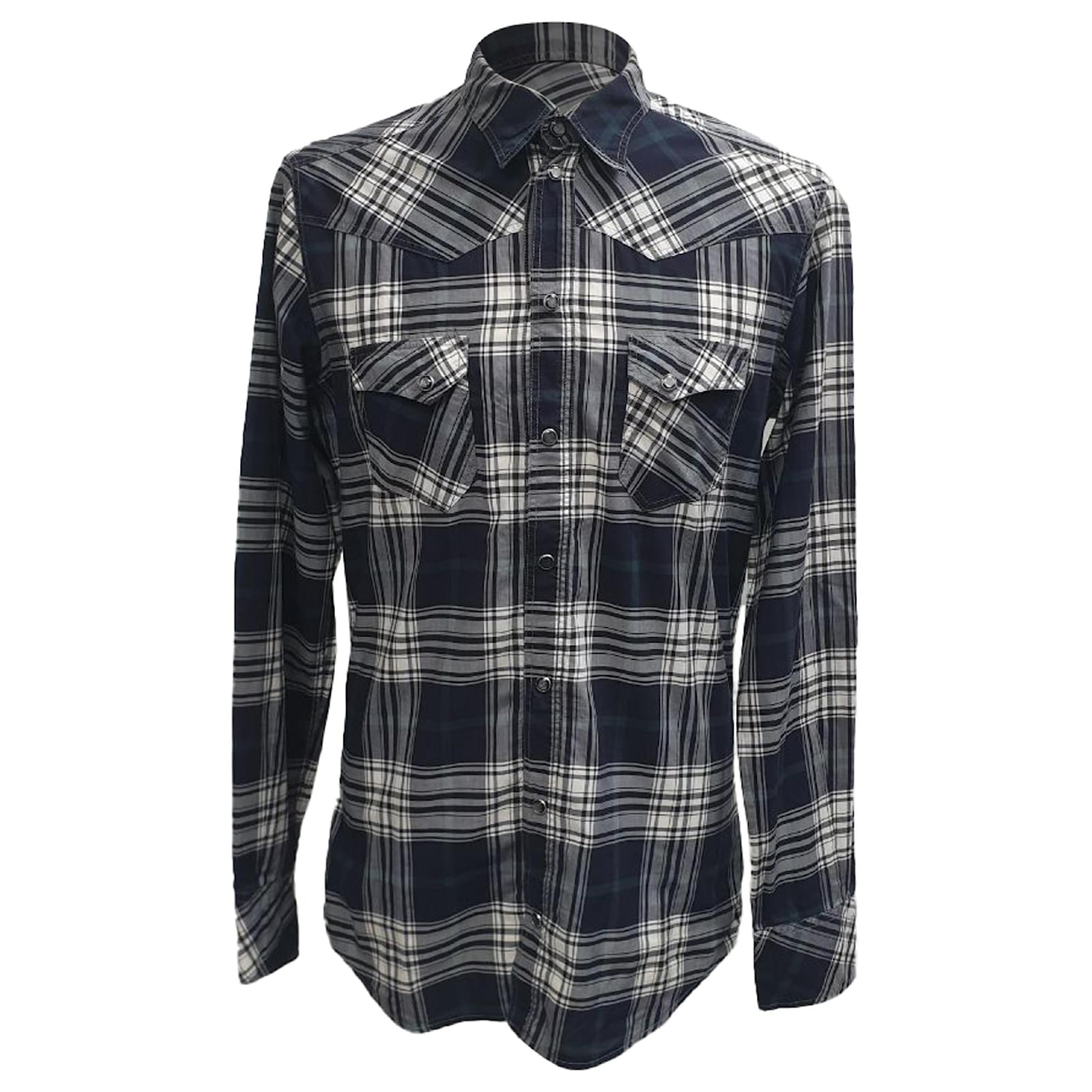 Dolce & Gabbana Gold Checked Button-Down Long Sleeve Shirt in Navy Blue Cotton ref.2509021 - Joli Closet Dolce & Gabbana Gold Checked Button-Down Long Sleeve Shirt in Navy Blue Cotton ref.2509021 - Joli Closet