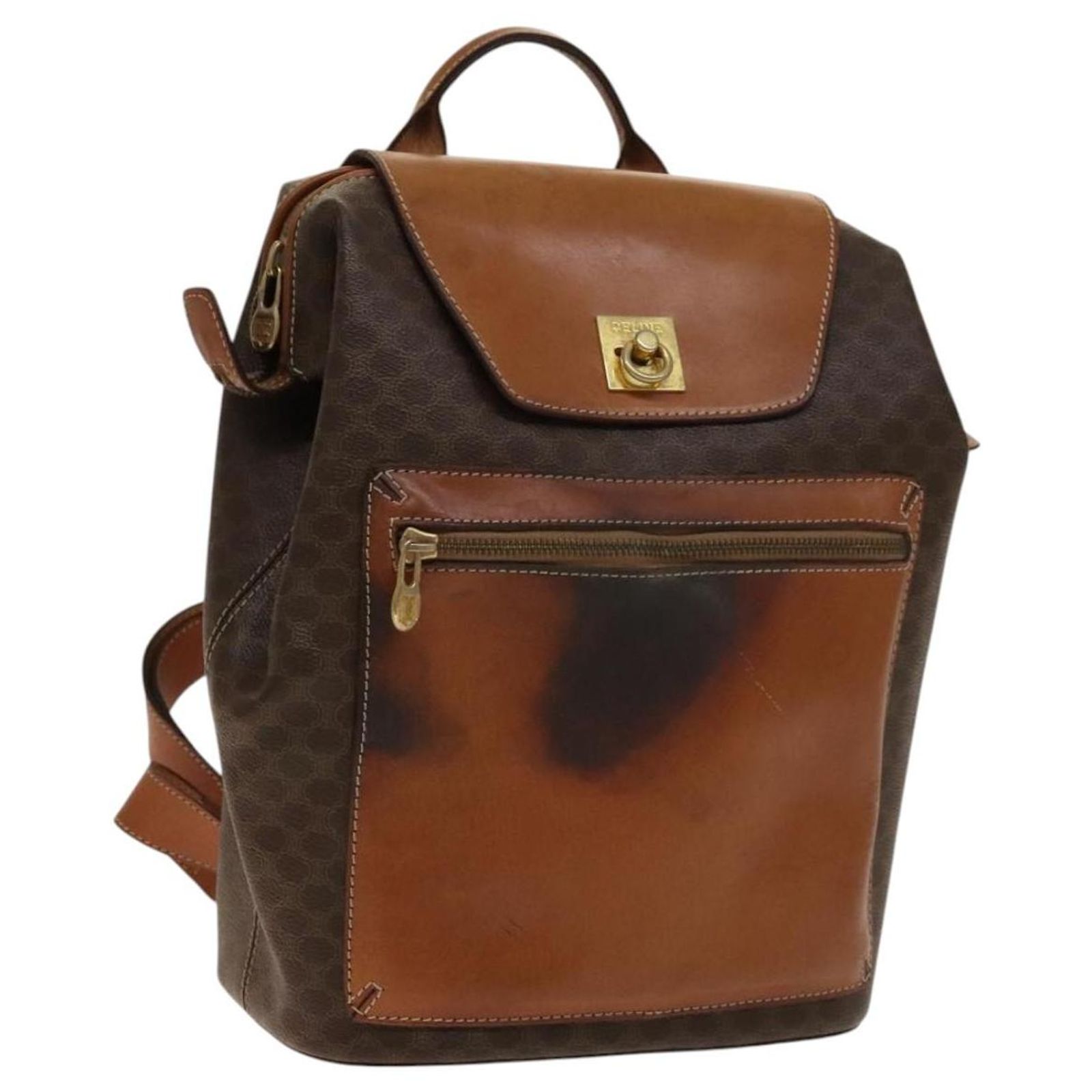 Céline CELINE Macadam Canvas Backpack PVC Leather Brown Gold  display picture 1
