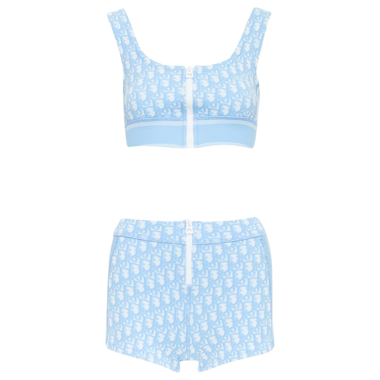 Christian Dior blue white Oblique monogram zip crop top shorts set