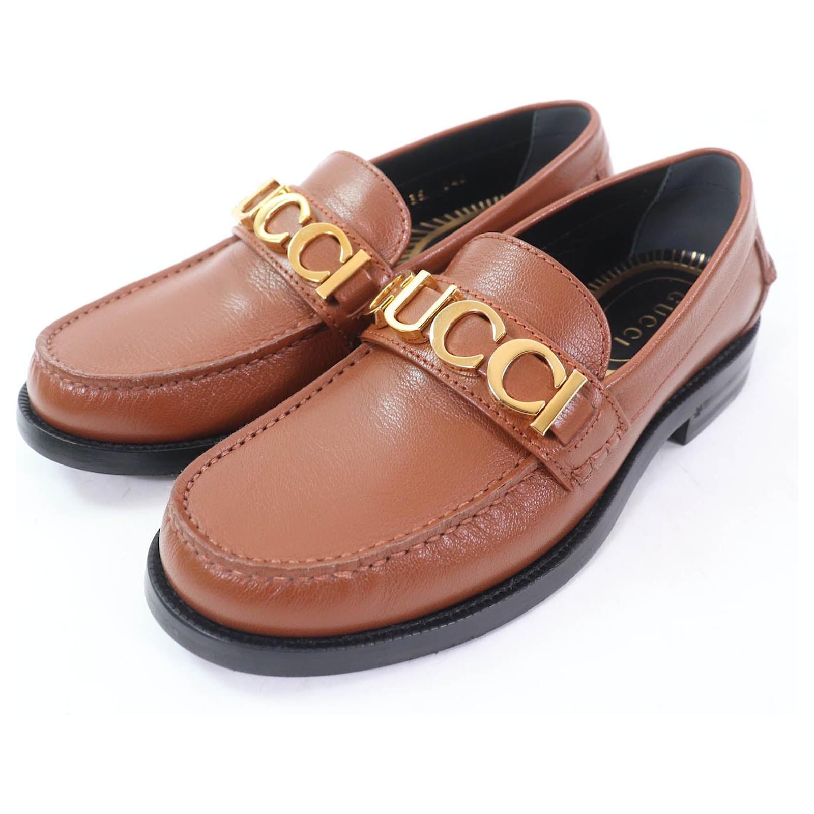 Gucci Logo Metal Leather Loafers Brown ref.2520248 - Joli Closet