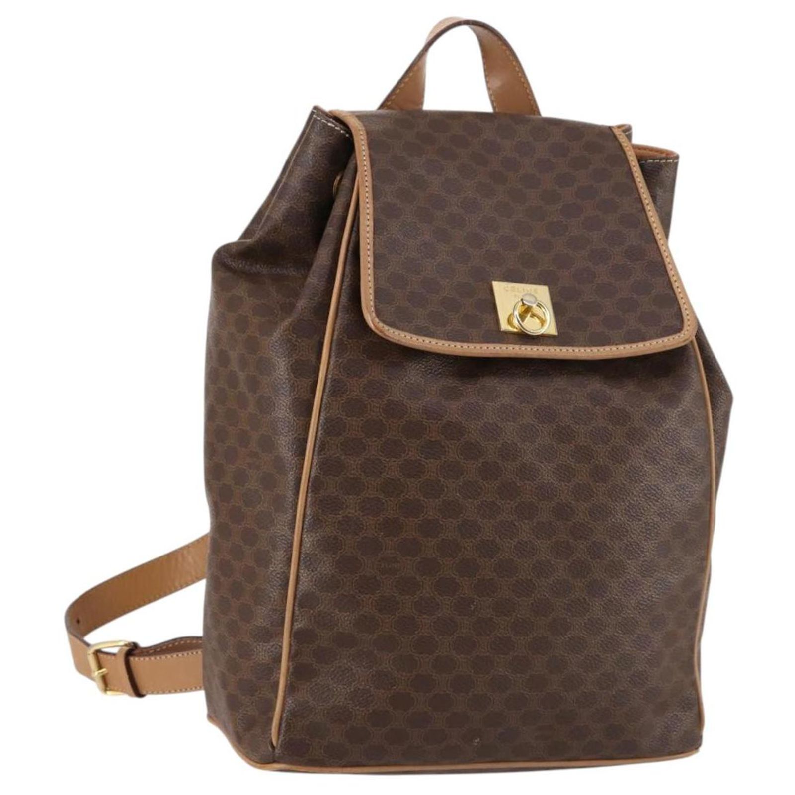 Céline CELINE Macadam Canvas Backpack PVC Leather Brown Gold 