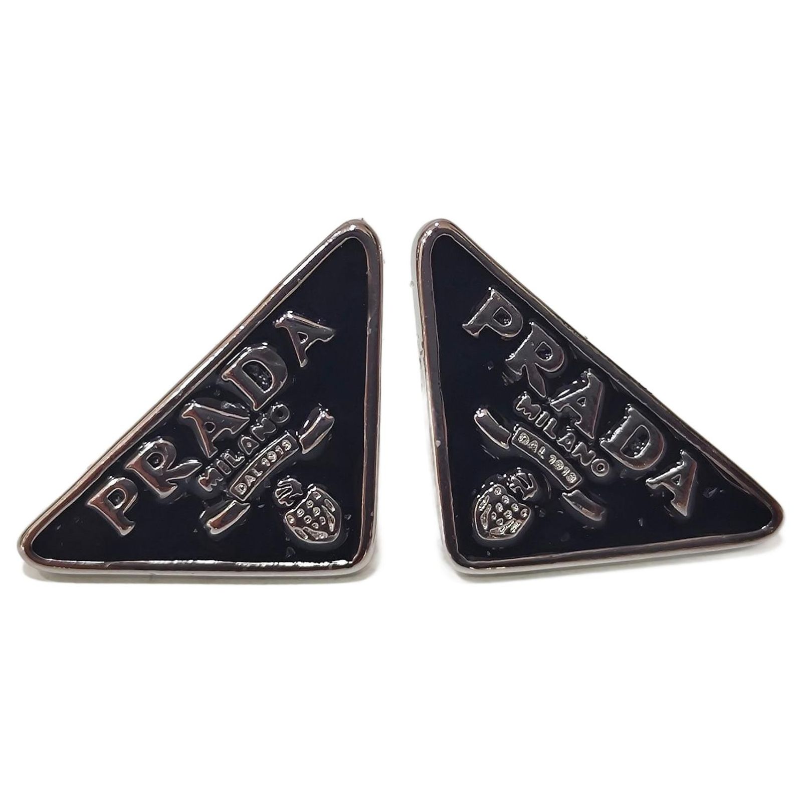 Prada Triangle Logo Earrings Black Enamel and Silver ref 