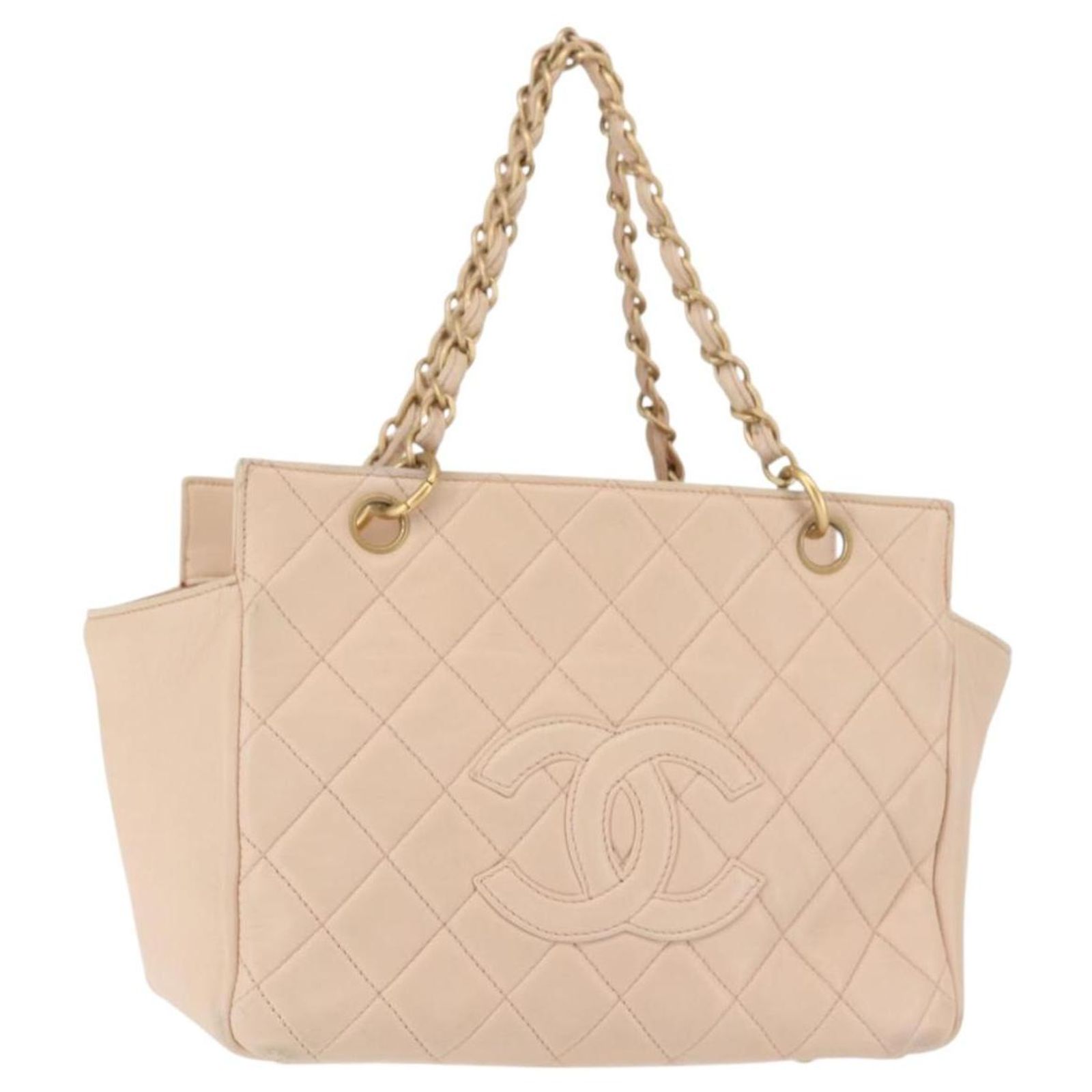 CHANEL Matelasse COCO Mark Chain Hand Bag Lamb Skin Beige CC Auth