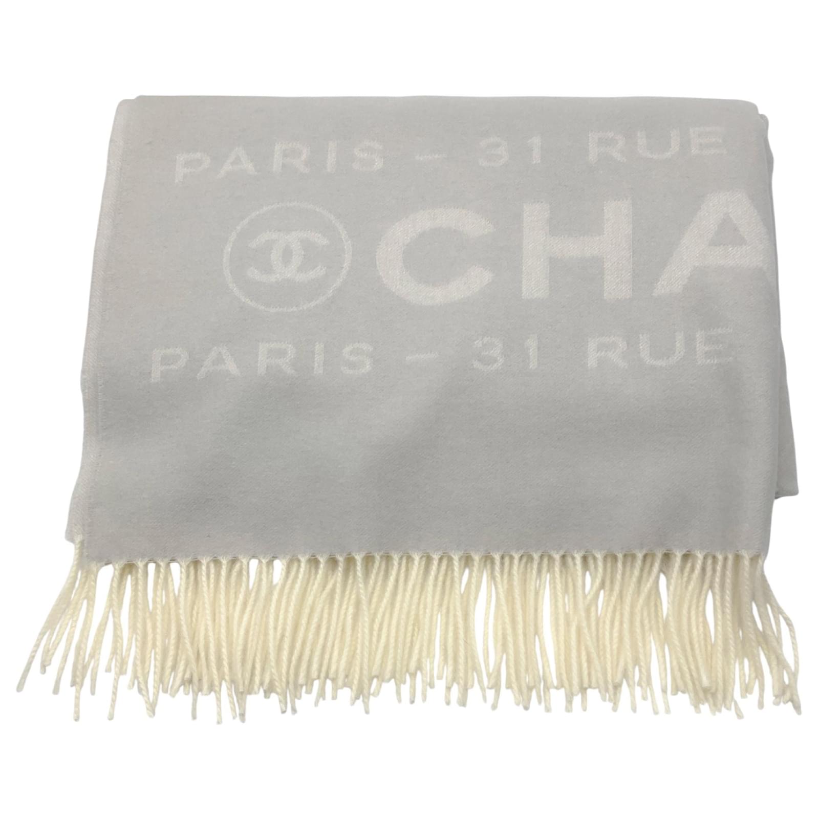 Chanel Grey / Ivory 31 Rue Cambon Paris Fringed Large Cashmere