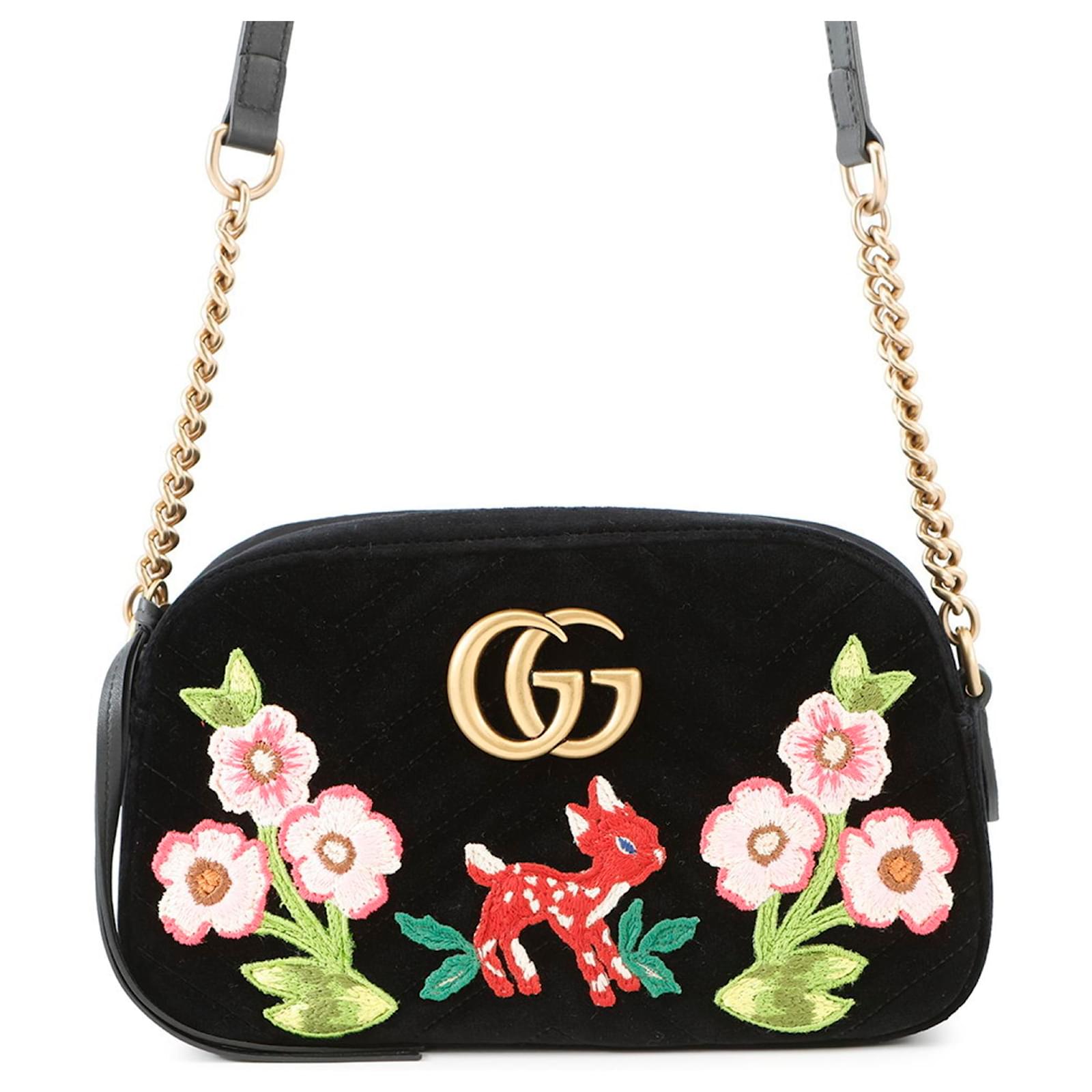 Borsa a Spalla Gucci GG Marmont Bambi in Velluto Nero Multicolore