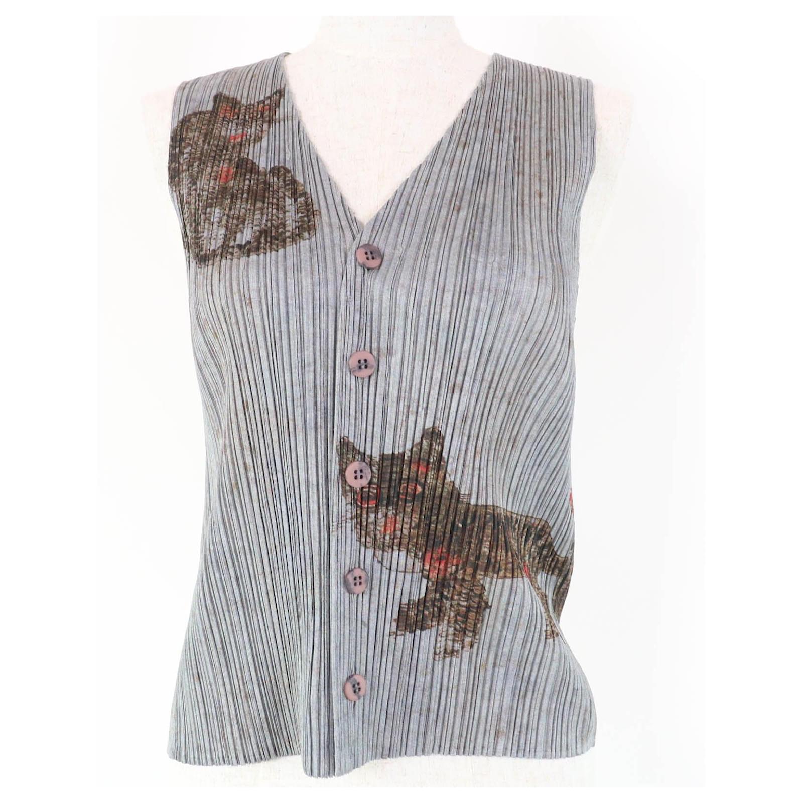トップス Issey Miyake Animal Pleats Tops Issey Miyake PLEATS PLEASE Best Folk Painting Tiger Animal