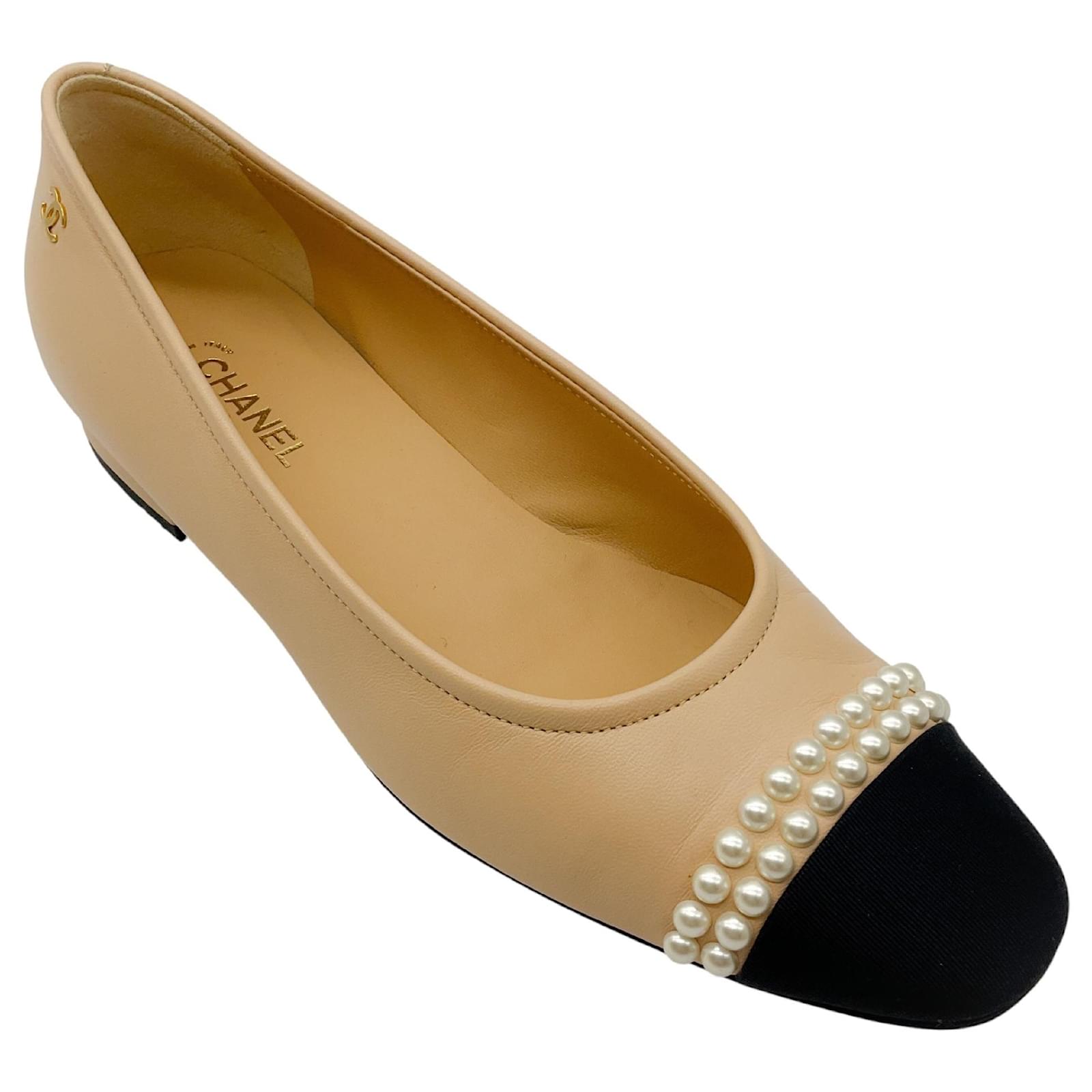 Chanel Beige Black 2020 Pearl Embellished Grosgrain Cap Toe