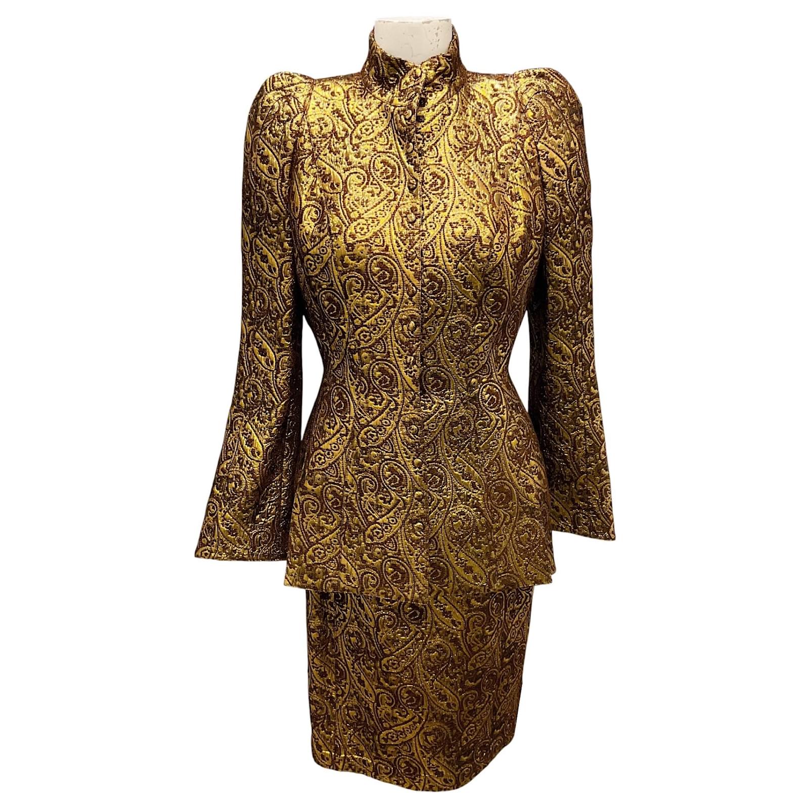 Thierry Mugler Gold / Brown Metallic Jacquard Jacket and Skirt Suit Set  Wool ref.JC2529851 (Sold) - Joli Closet