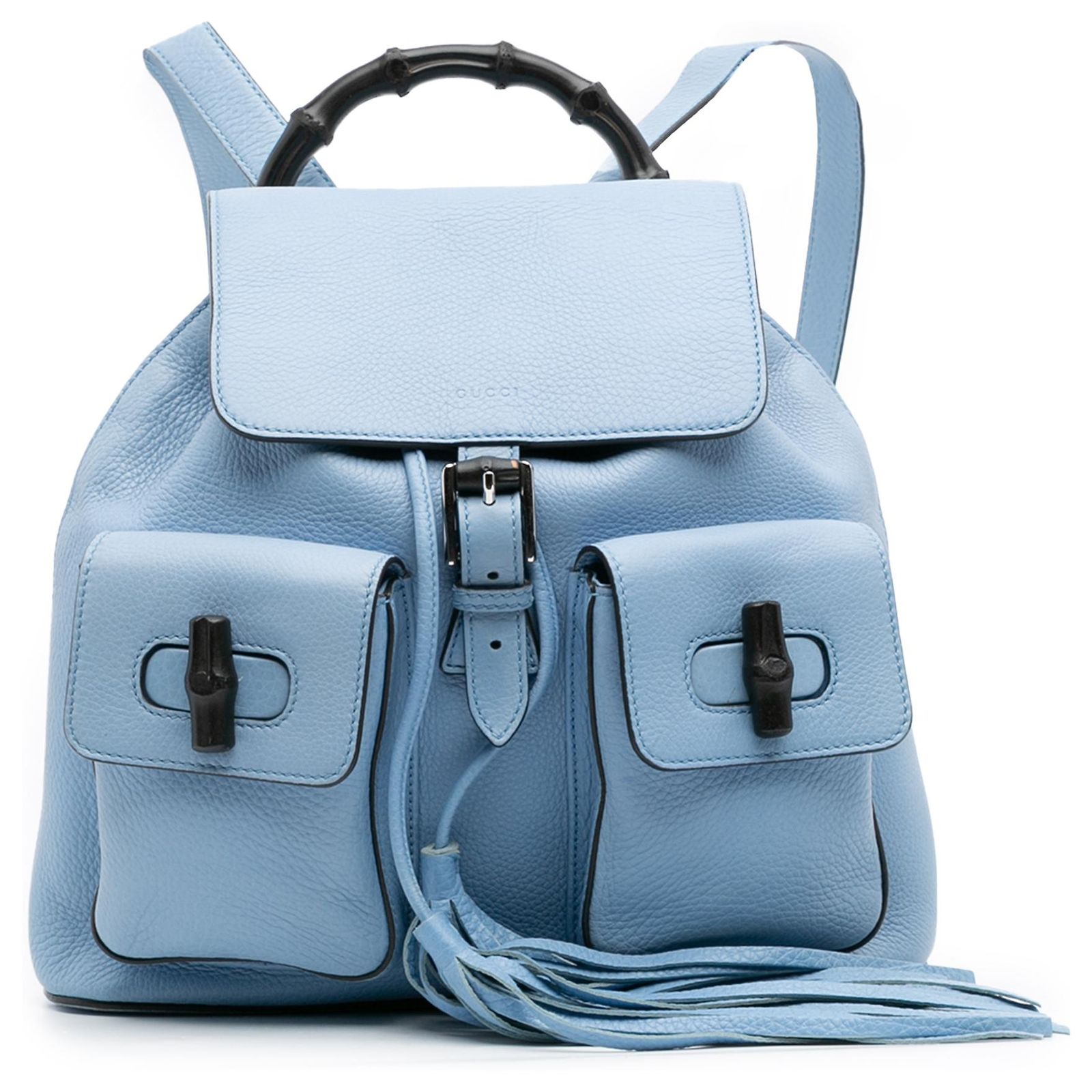 GUCCI Authentic Baby Blue Bamboo Backpack with Tassels Gucci Blue Leather Bamboo Tassel Backpack Light blue Pony  main image 3