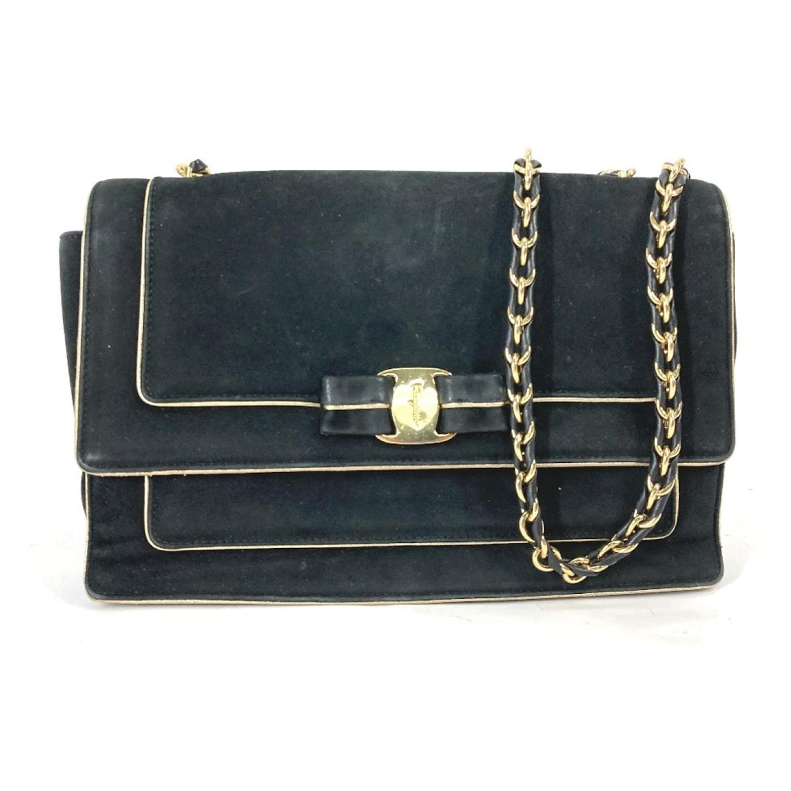 Salvatore Ferragamo Vara Ribbon Shoulder Bag Black Suede ref
