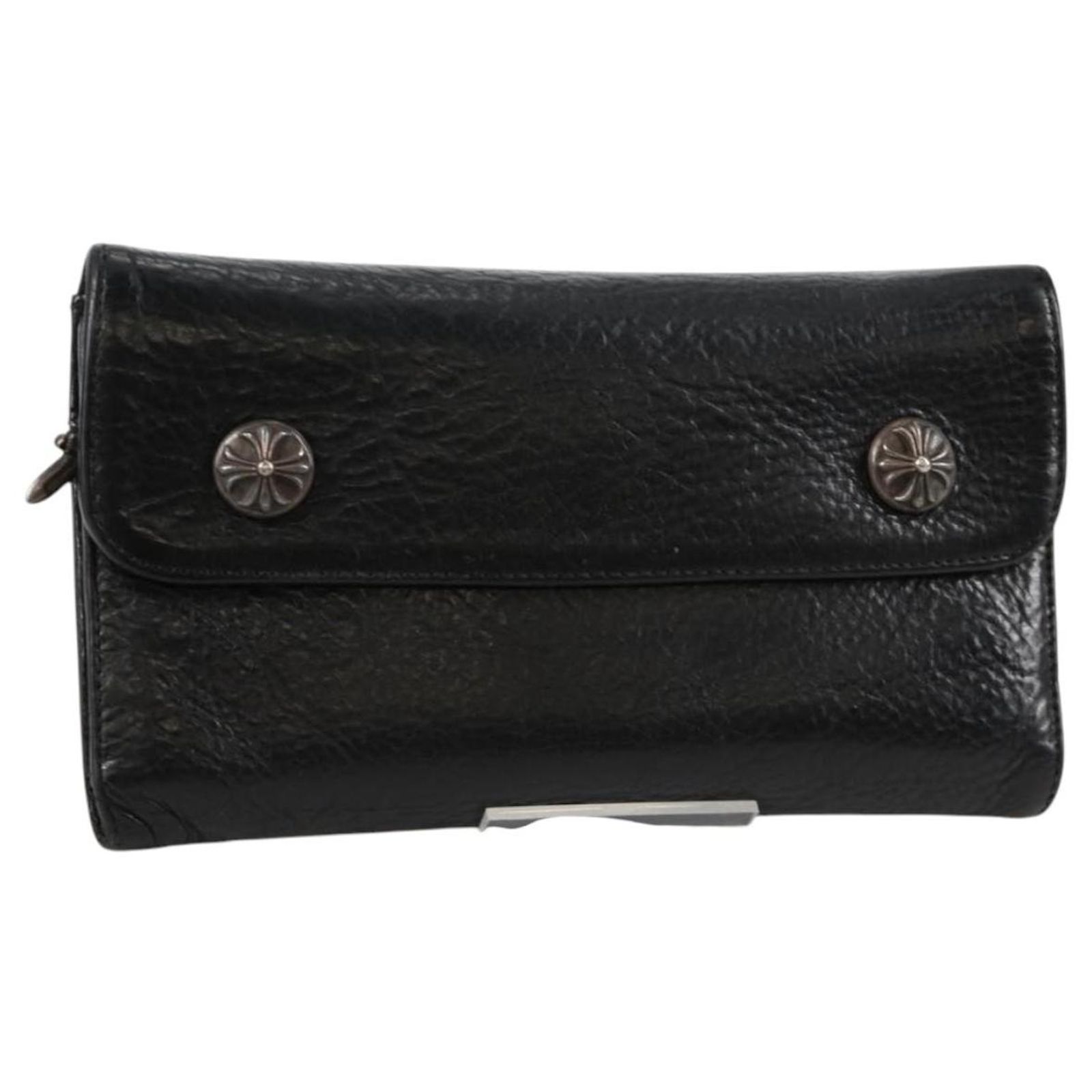 Chrome Hearts Wave Cross Ball Long Wallet Leather Black Auth