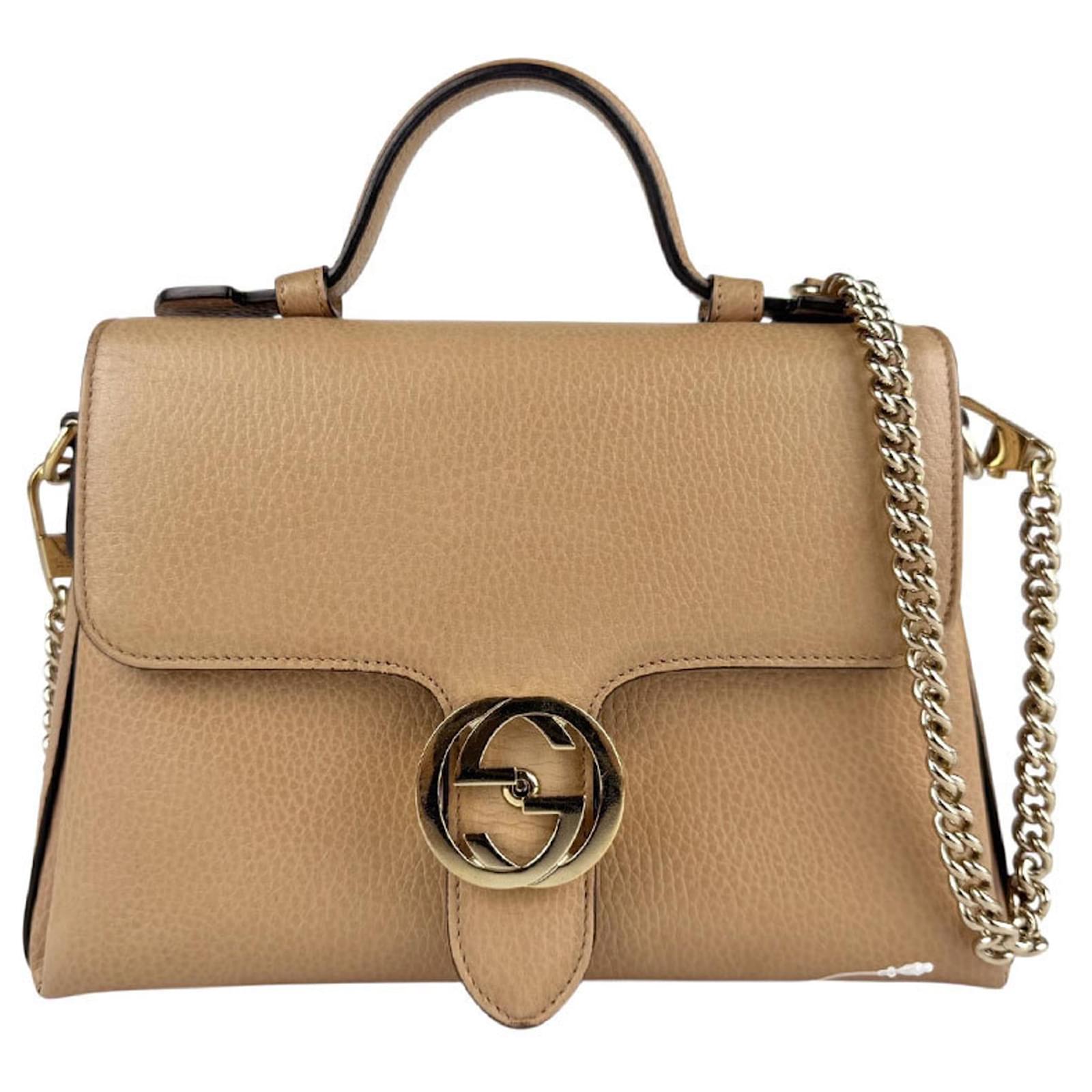 Gucci Interlocking G Leather Shoulder Bag Beige Golden Metal ref