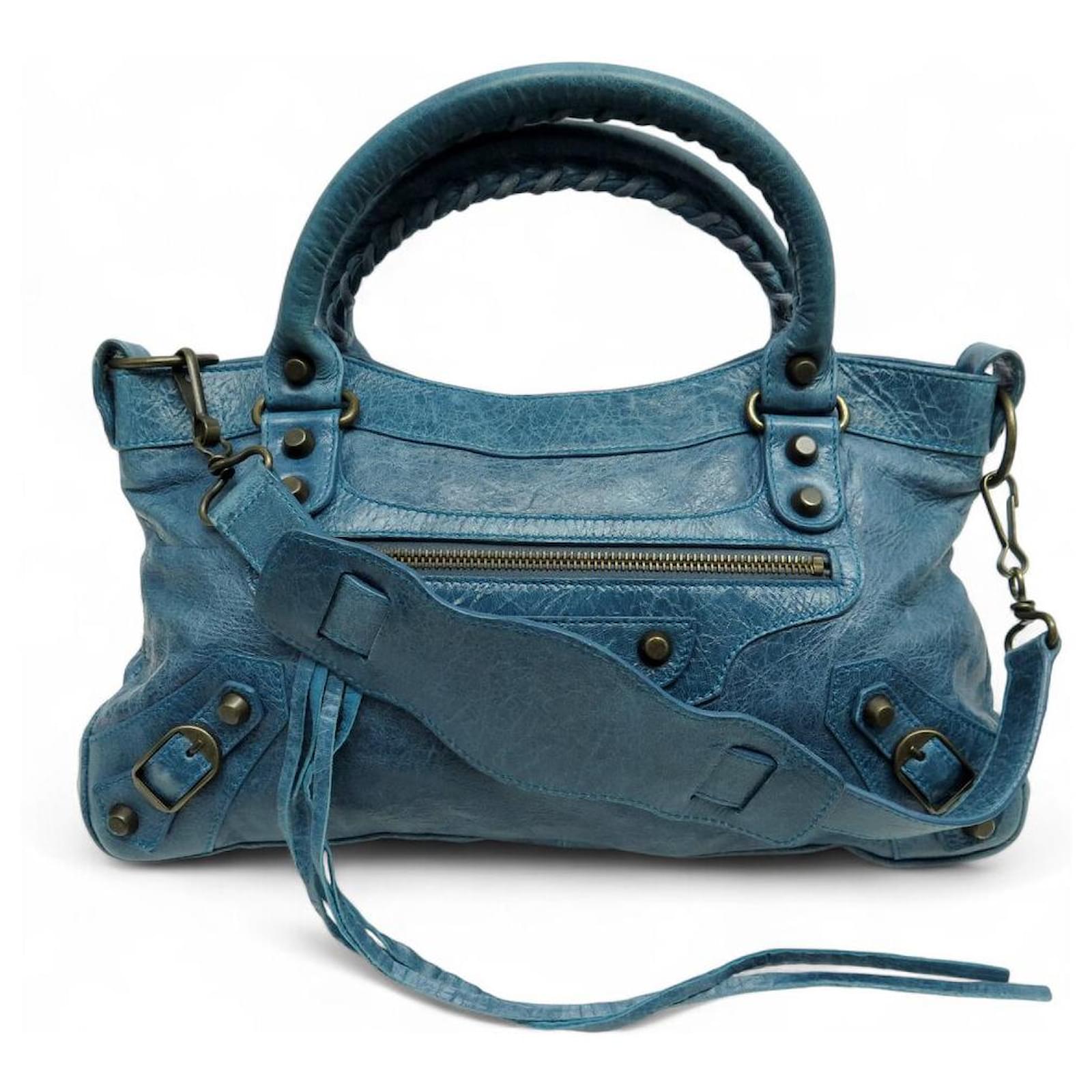 BALENCIAGA 103208 CITY CLASSIC FIRST TOTE IN BLUE LEATHER HAND BAG