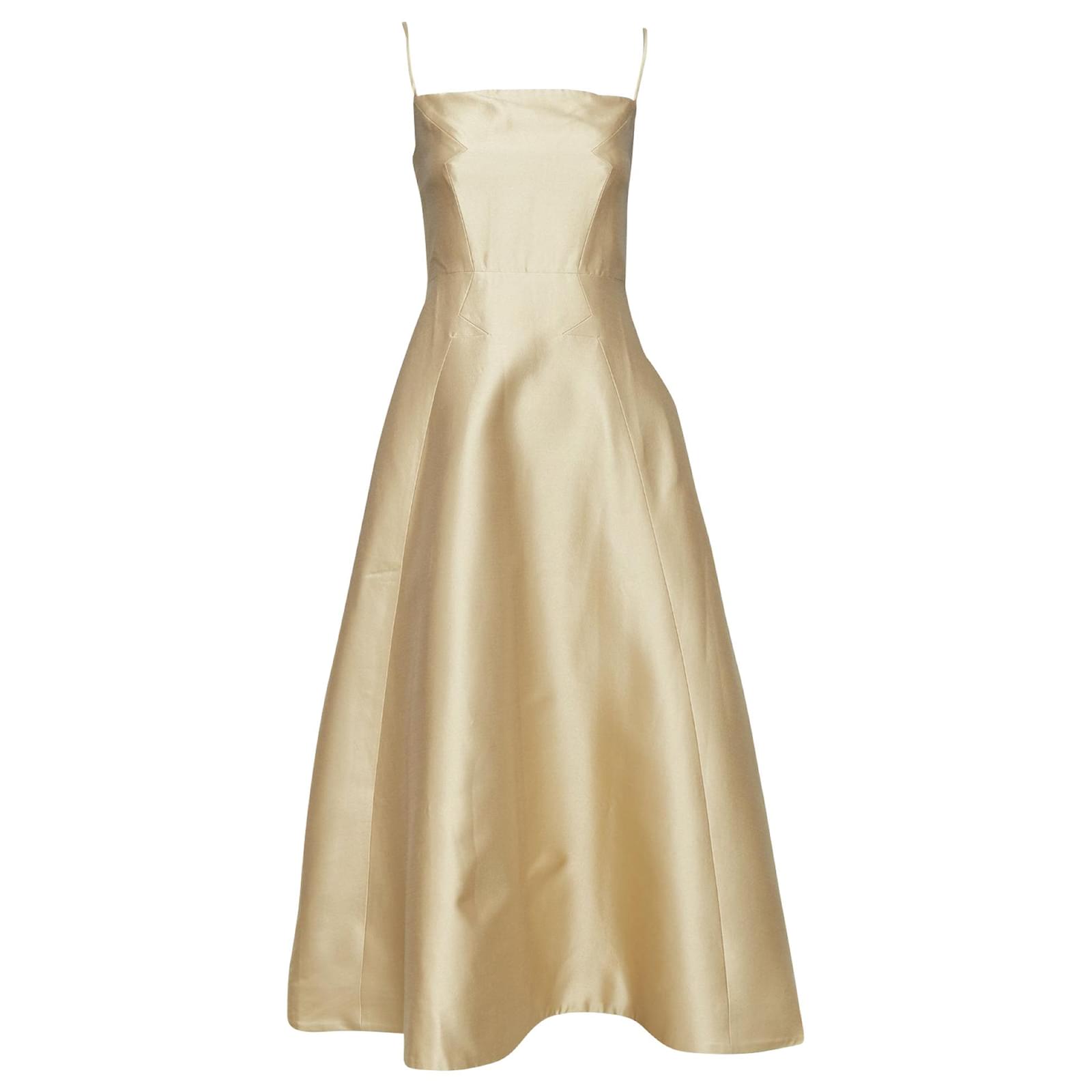 gabriela hearst gold dress Women's Gold Linen Maxi Dress