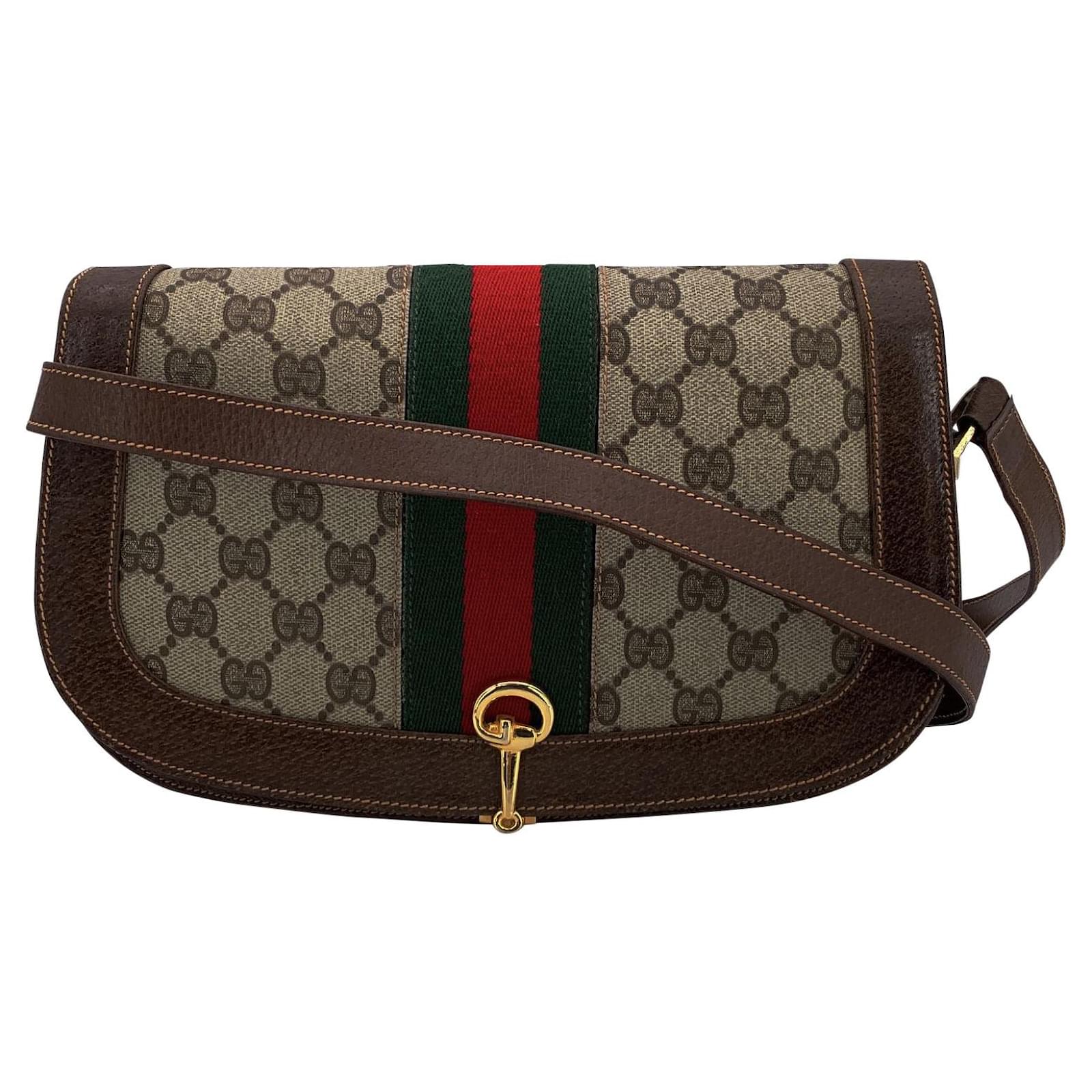 Gucci Vintage Beige Monogram Canvas Box Horsebit Shoulder Bag