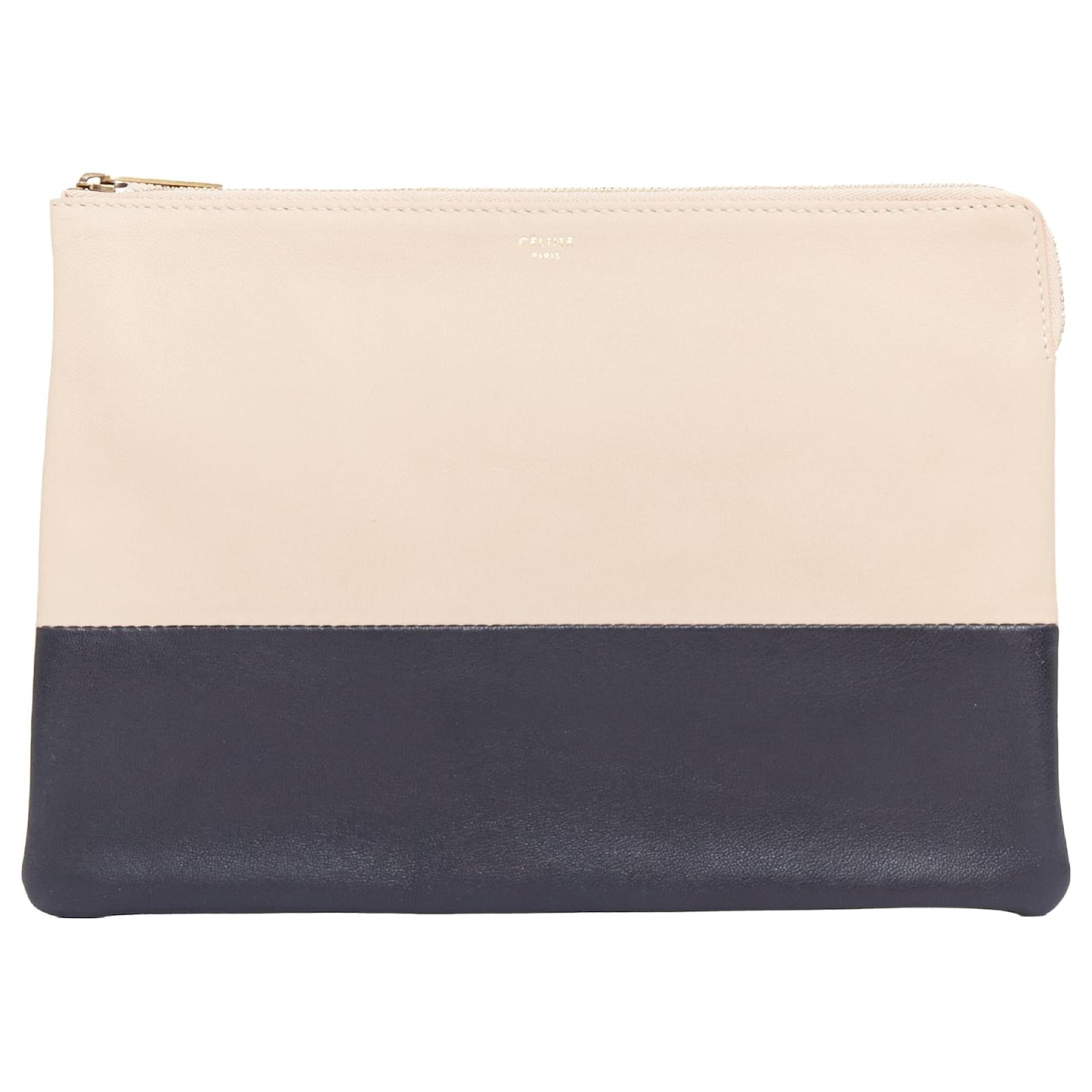 Céline Pochette clutch bicolore beige et noir en cuir lisse avec