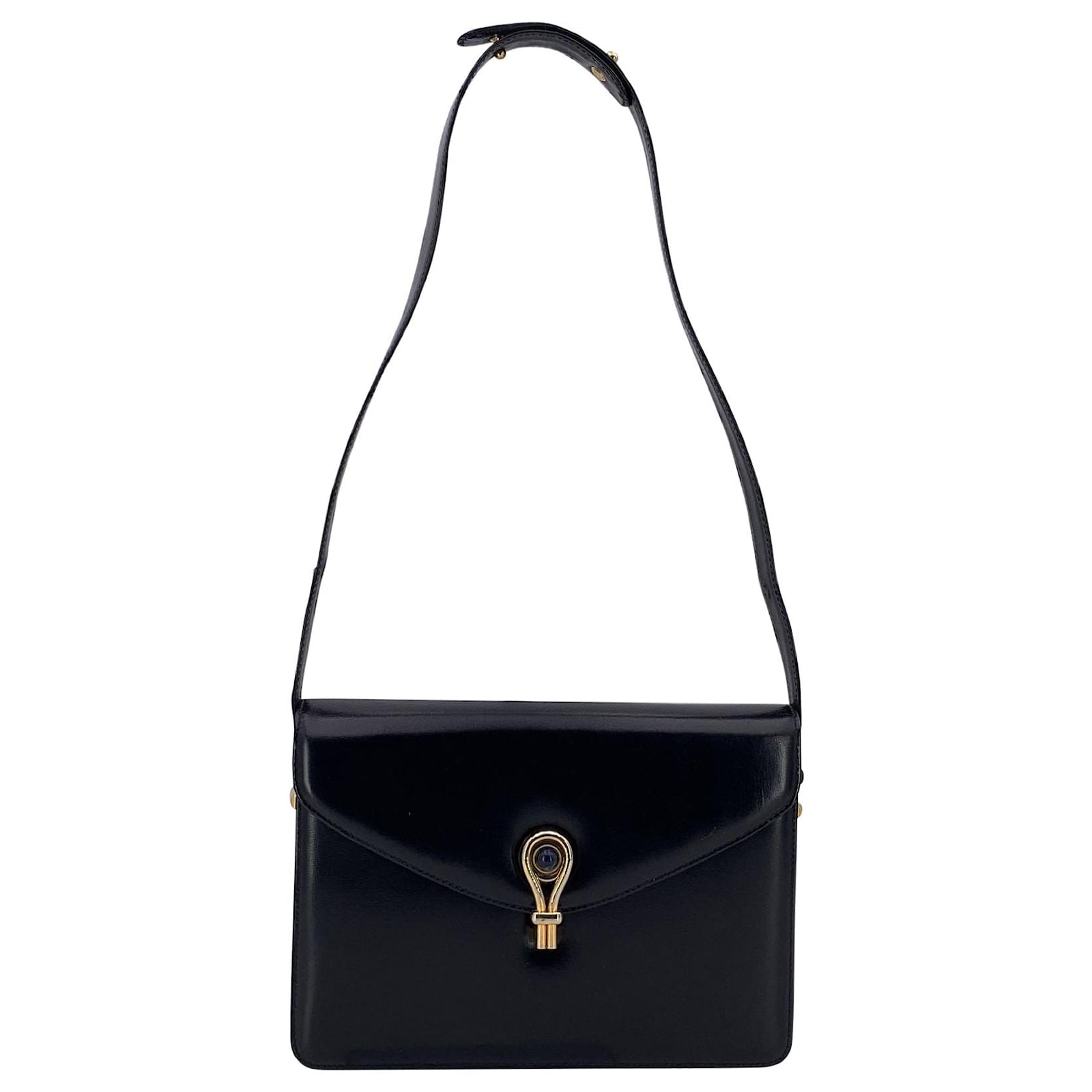 Gucci Vintage Black Leather Box Shoulder Bag with Lapis Closure