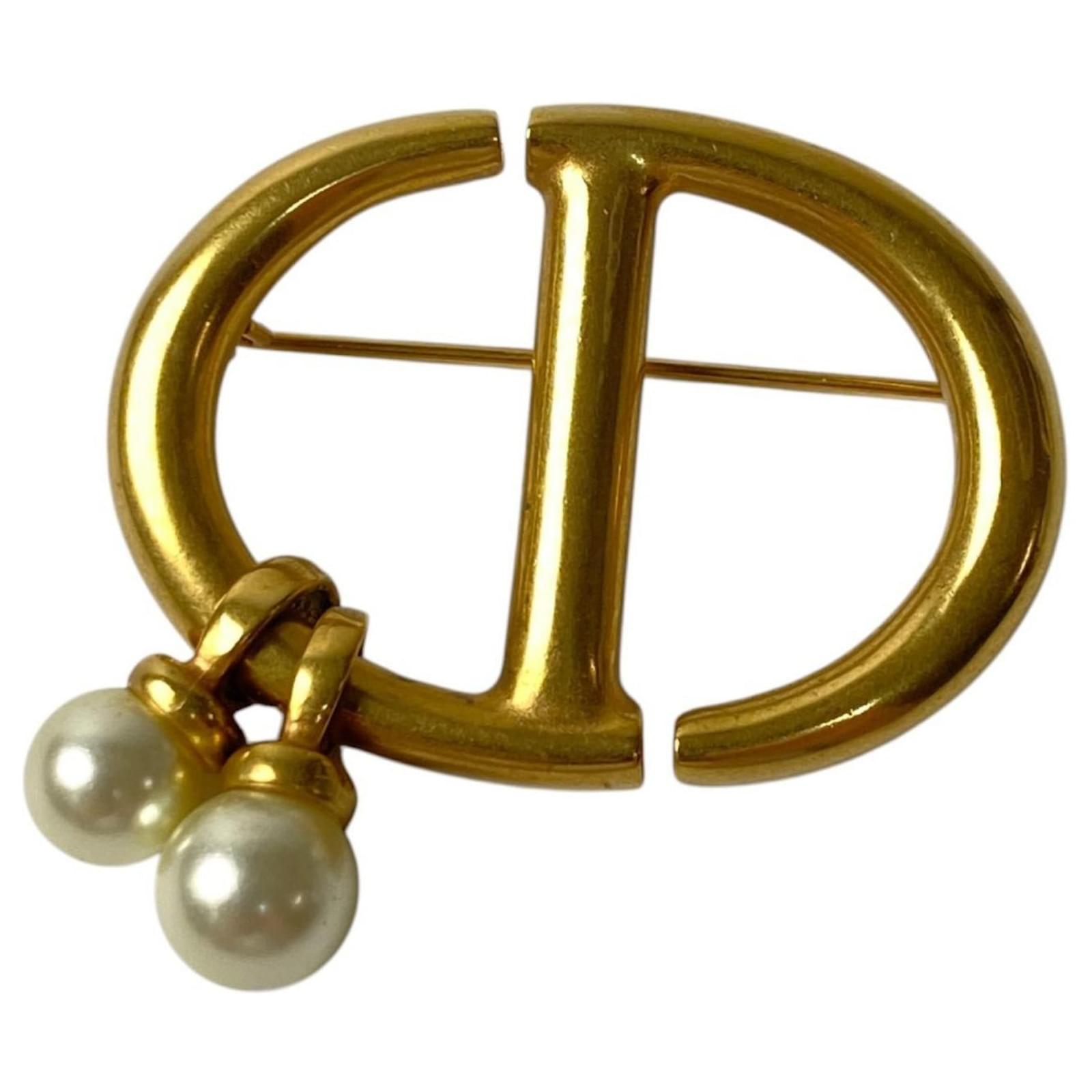 Christian Dior Women's CD Logo Brooch with Faux Pearls White