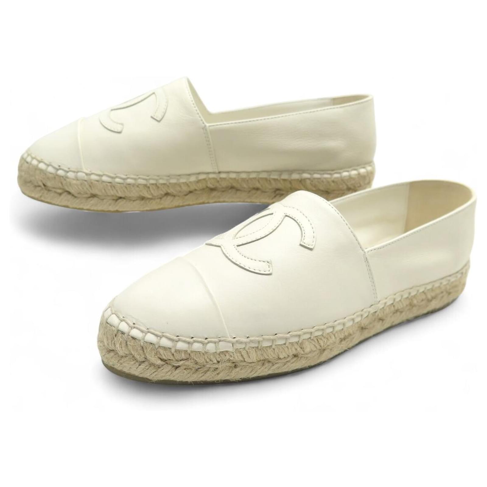 NEW CHANEL ESPADRILLES LOGO CC G29762 37 WHITE LEATHER SHOES ref