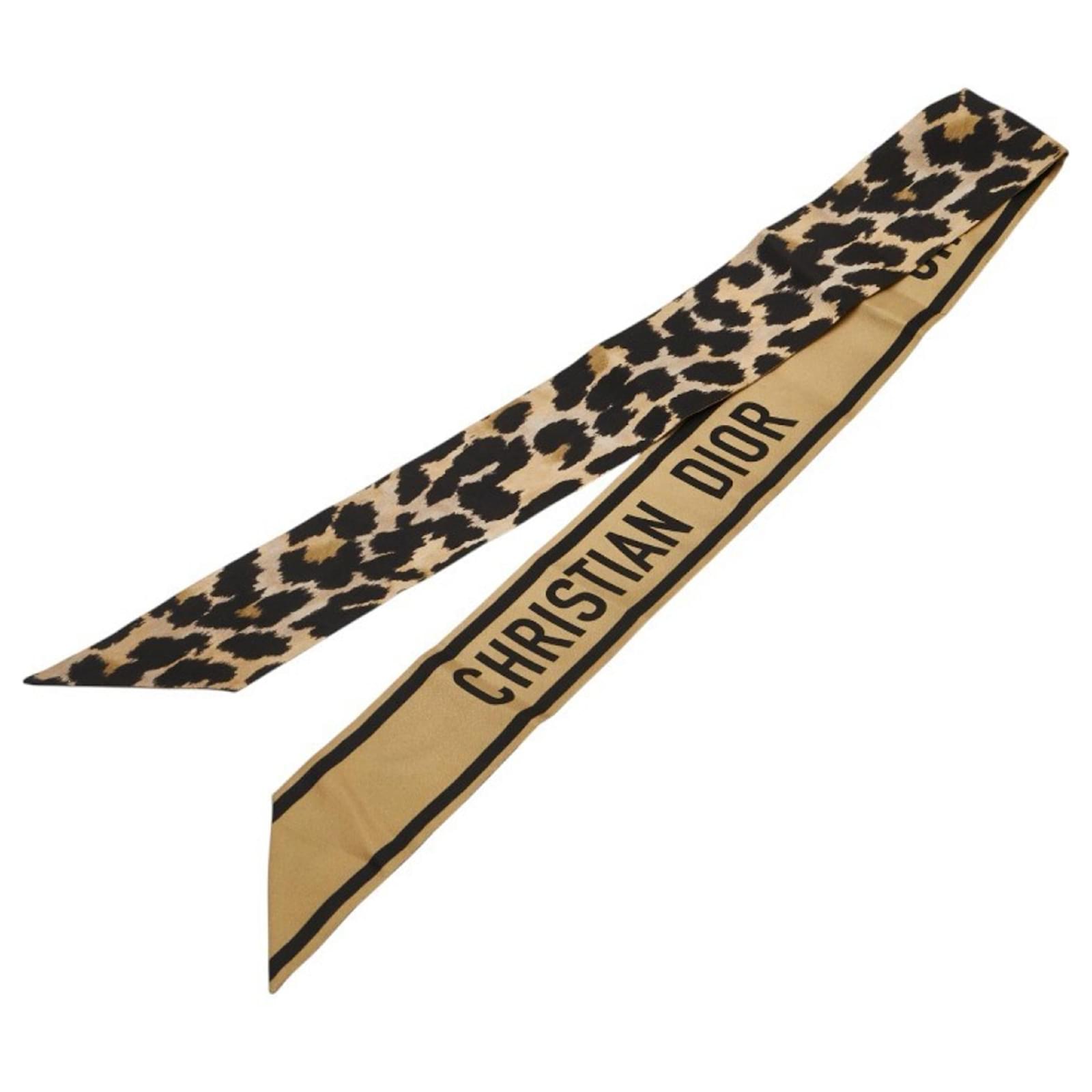 Christian Dior Leopard Print Mitzah Scarf Black Beige Silk ref