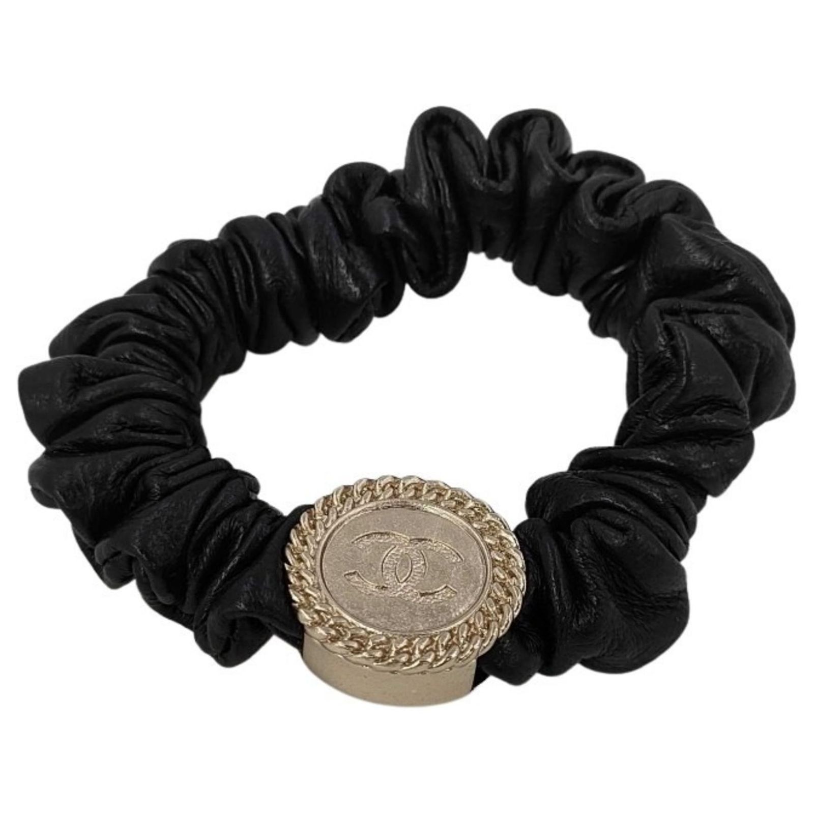 CHANEL Black and Gold Leather Scrunchie Golden ref.2541420 