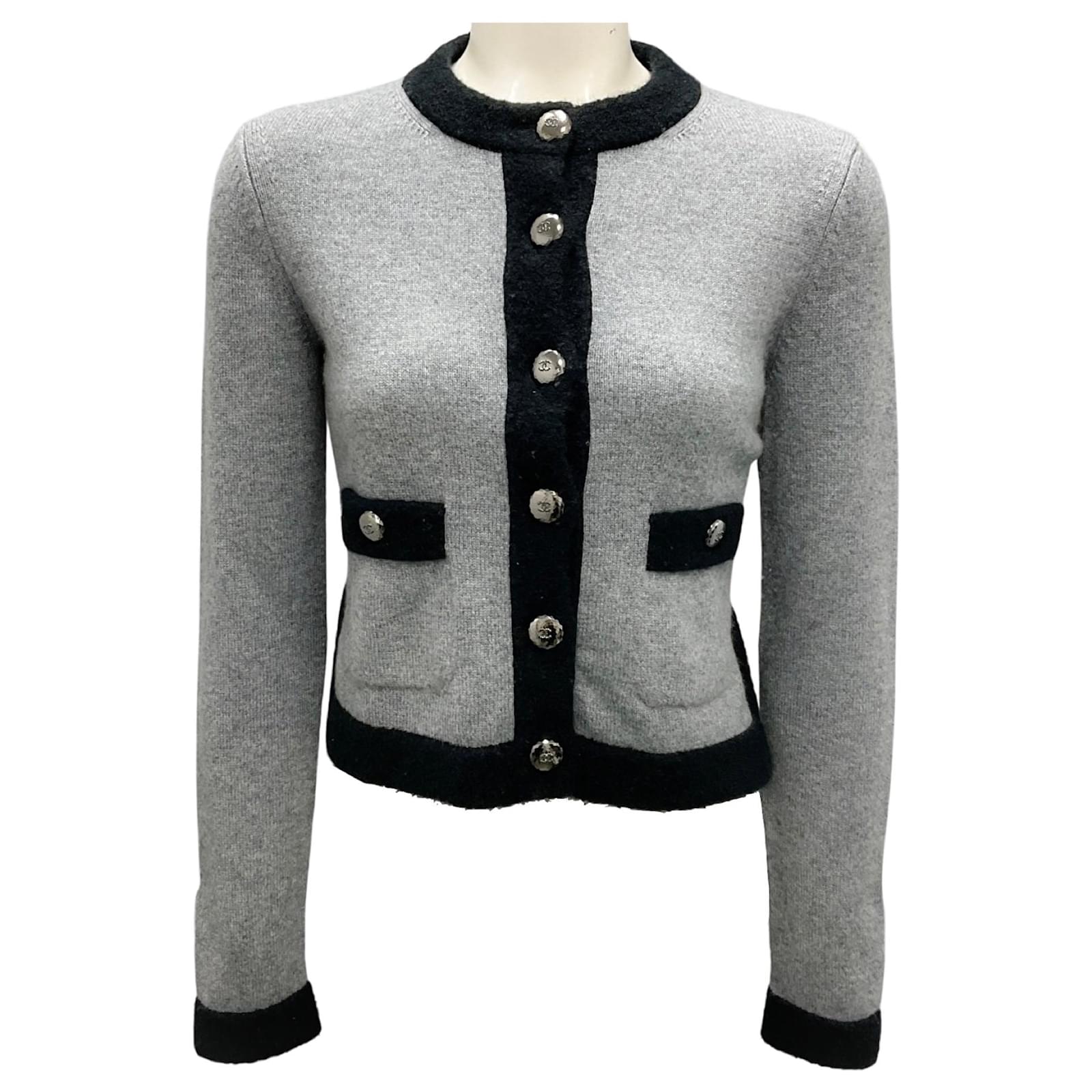 Chanel Grey Black CC Logo Buttoned Cashmere Knit Cardigan