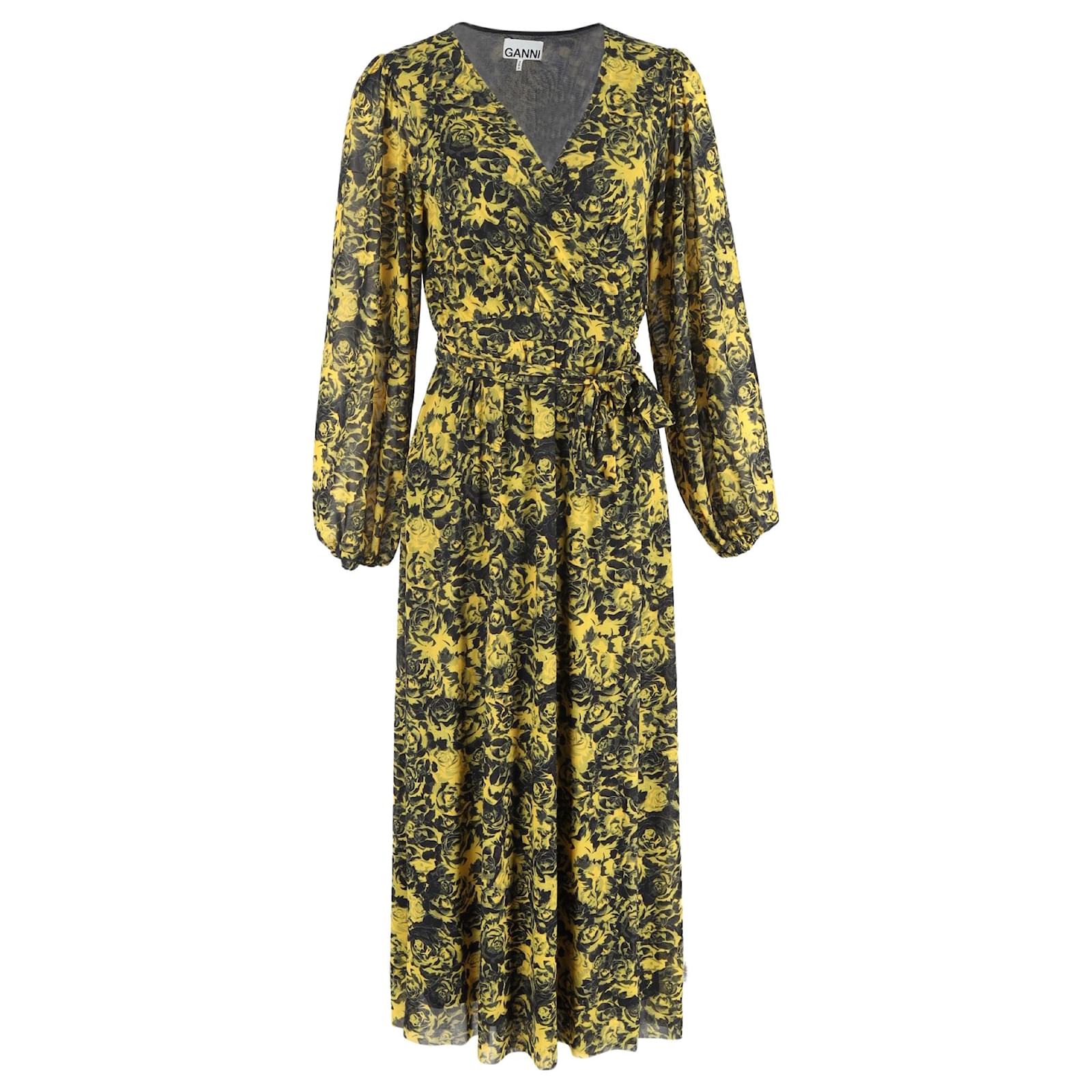 Ganni Printed Mesh Midi Wrap Dress in Yellow Polyamide ref.2543127 - Joli Closet Ganni Printed Mesh Midi Wrap Dress in Yellow Polyamide ref.2543127 - Joli Closet