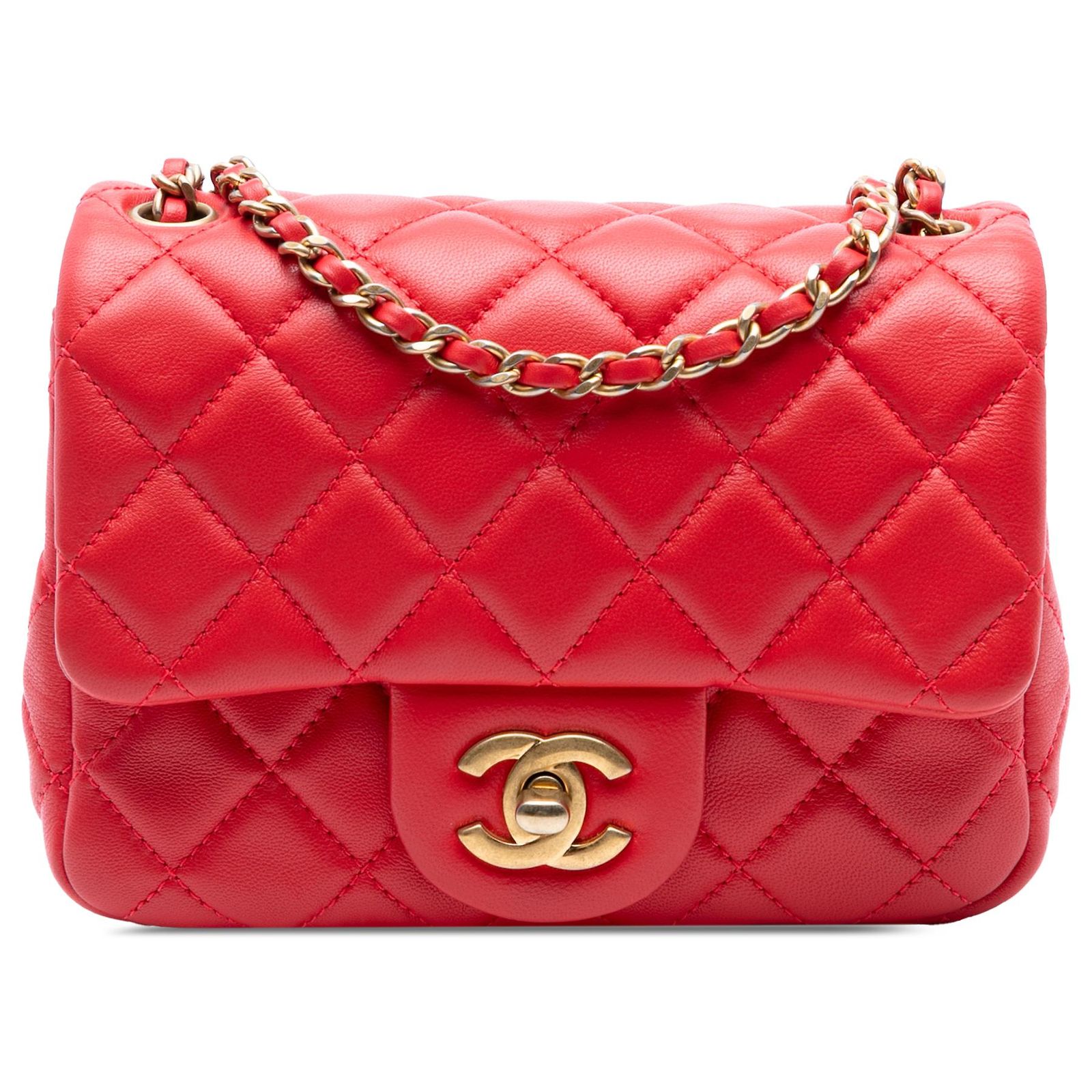 Chanel Red Mini Square Classic Lambskin Pearl Crush Single Flap