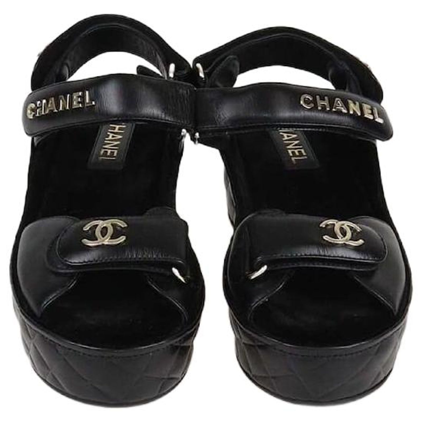 Chanel Black Quilted Leather Logo Wedge Ankle Strap Sandal ref 