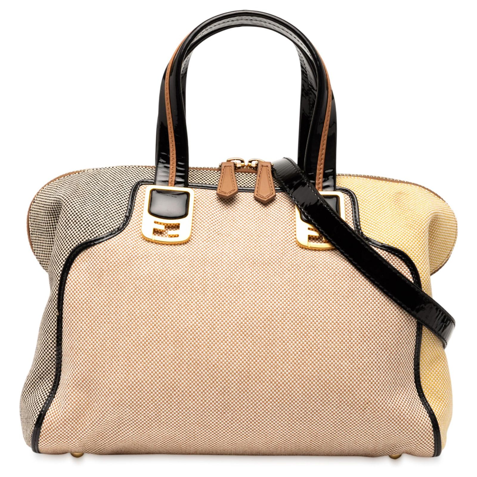 Fendi Brown Small Canvas Colorblock Chameleon Satchel Beige 