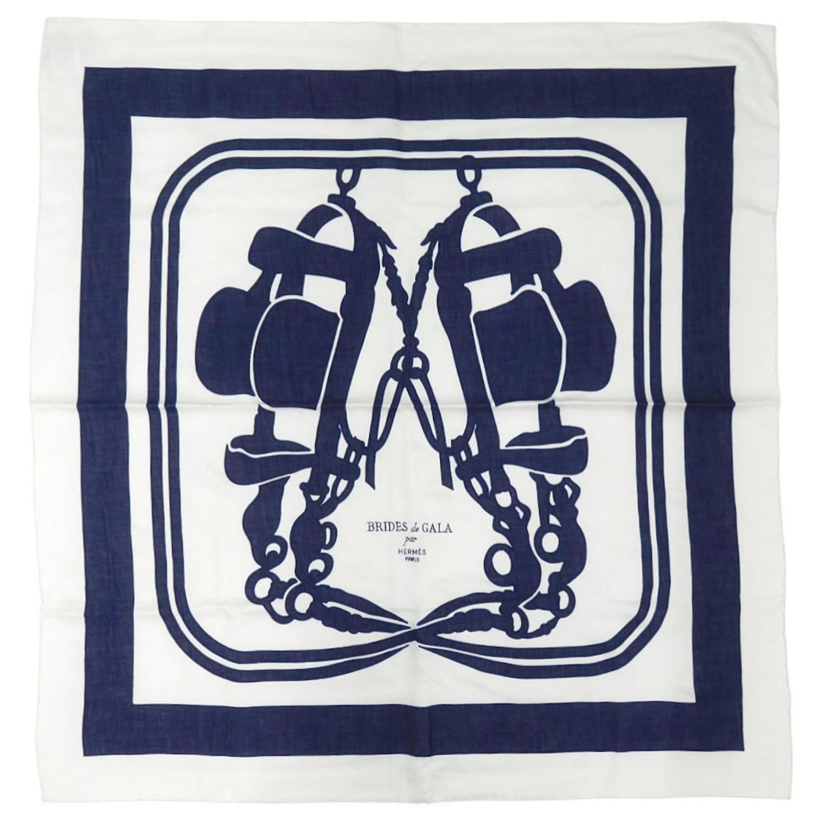 Hermès Carré 90 Brides de Gala Tattoo Scarf White Navy blue Silk