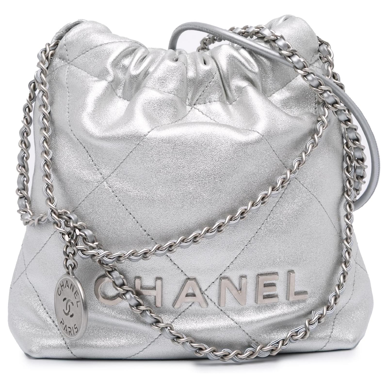 Chanel Silver Mini Metallic Calfskin 22 Satchel Silvery Leather