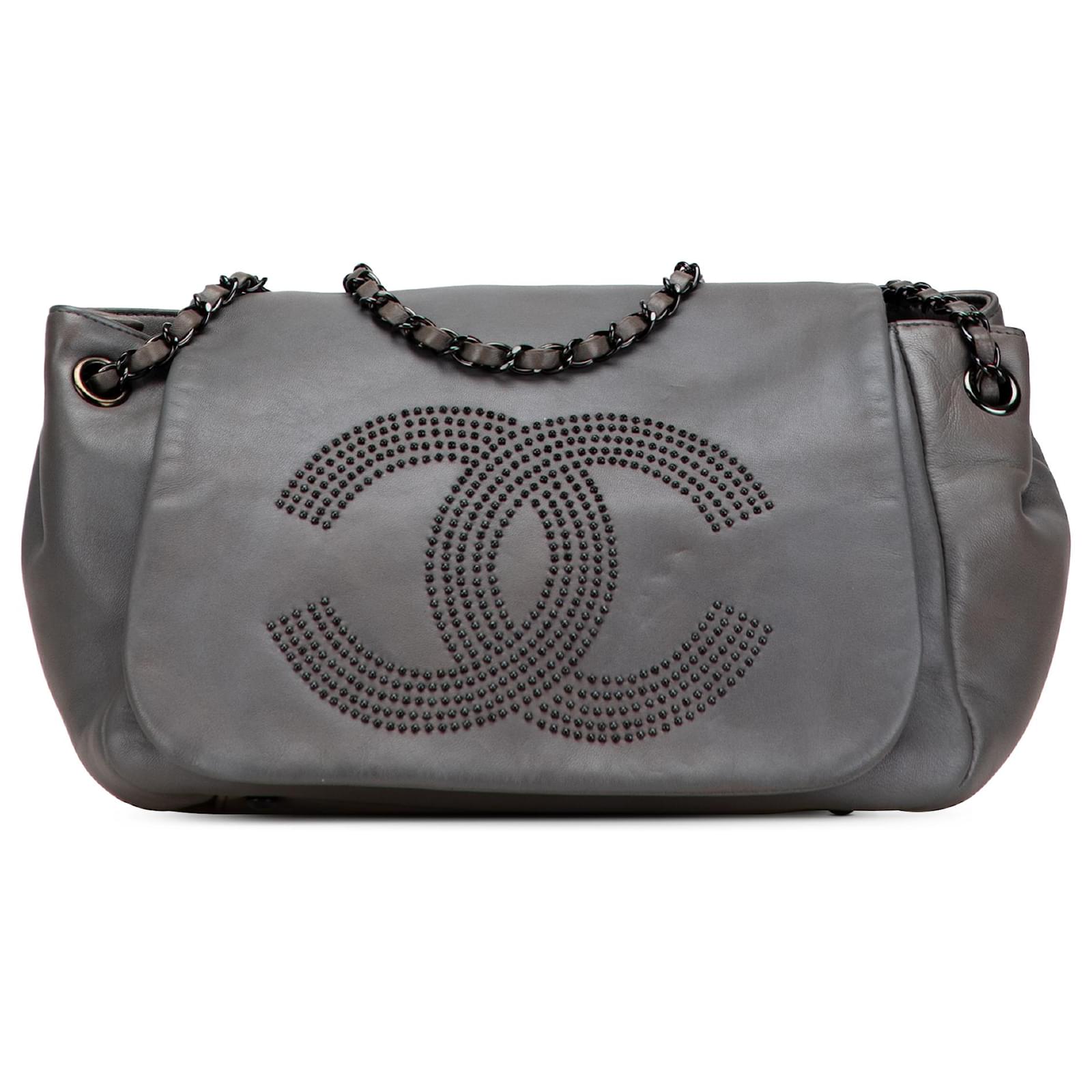 Chanel Gray Lambskin Studded CC Accordion Flap Brown Leather ref