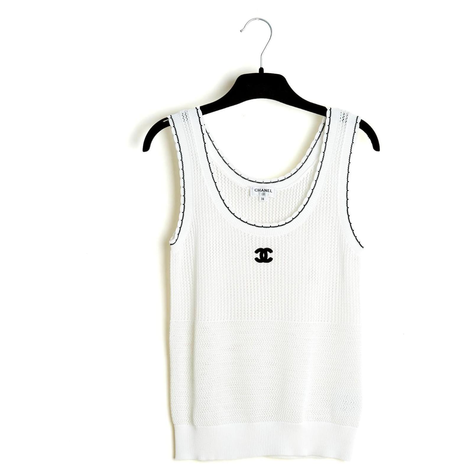 Chanel Resort 2024 White Black CC Knit Top Tank FR36 UK8 US6