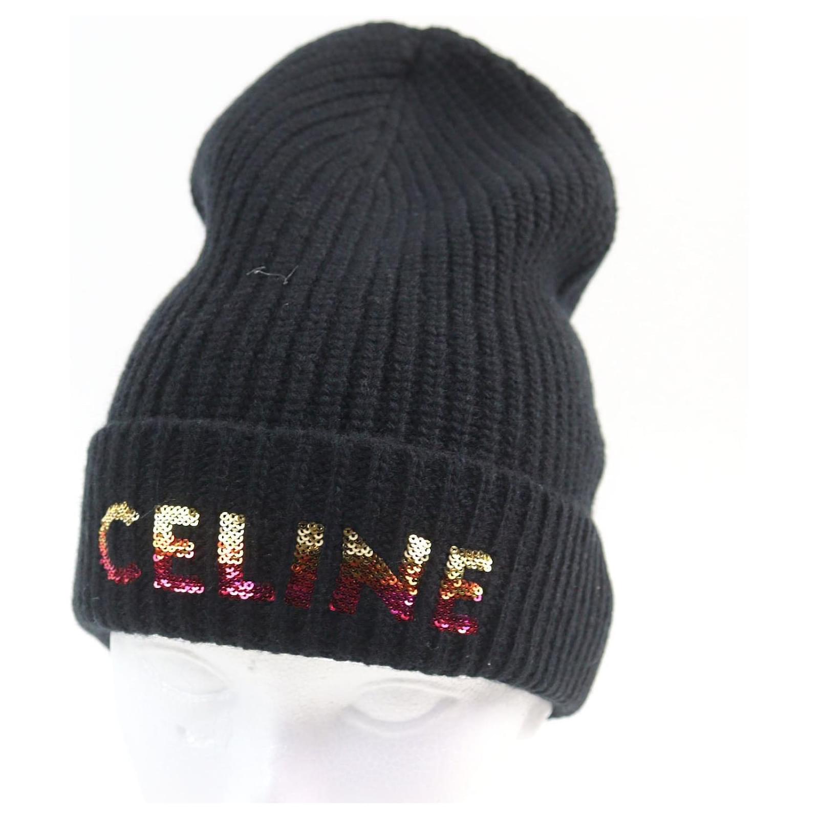 Céline Celine Knit cap Embroidered Sequin Beanie Black Cotton ref