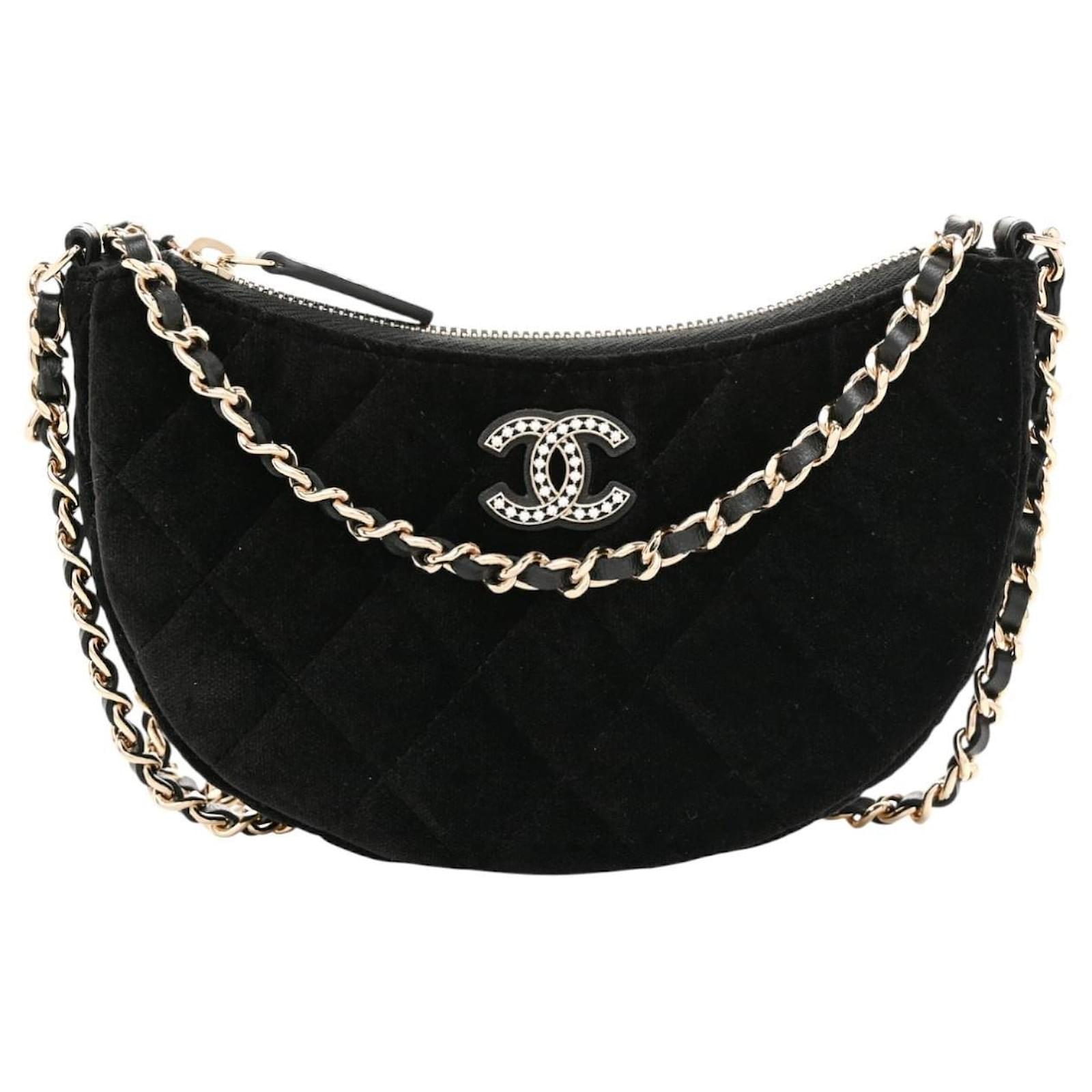 Chanel Quilted Crystal Mini Hobo Crossbody Bag Velvet Black
