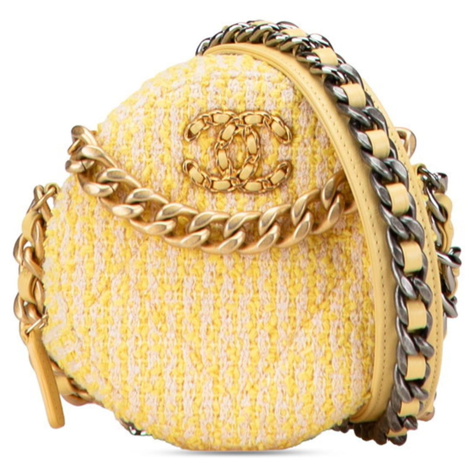 Chanel Coco Mark Round Chain Shoulder Bag Yellow Leather Tweed ref