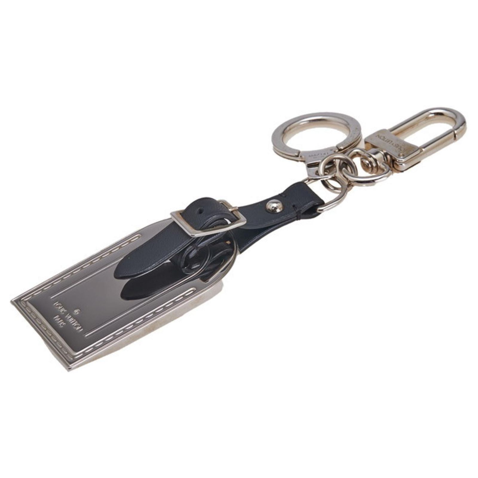 Louis Vuitton Luggage Tag Keychain Black Silvery Leather 