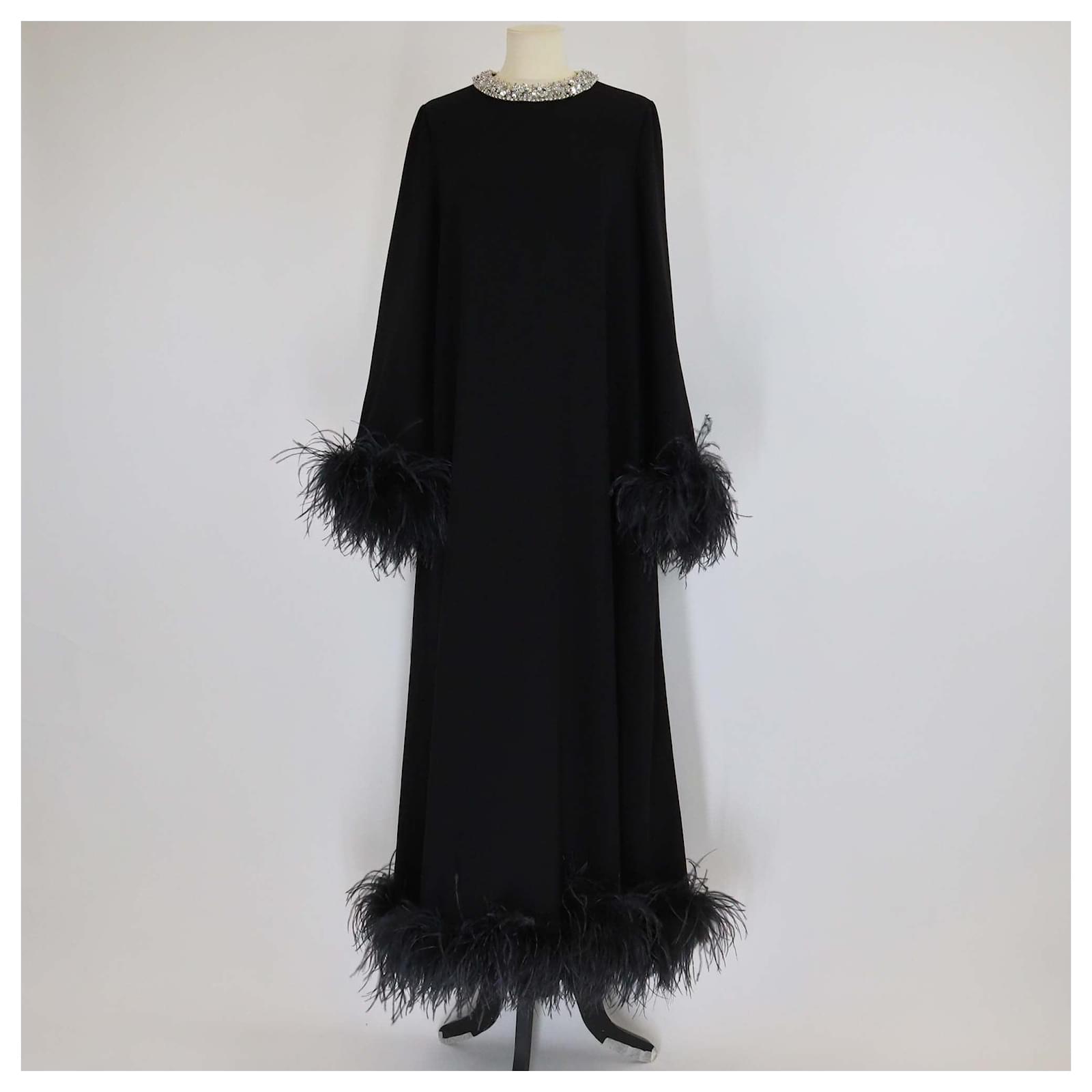 Miu Miu Black Ostrich Feather and Fabric Crystal Trim Long Sleeve Maxi Dress  Polyester ref.2558774 - Joli Closet