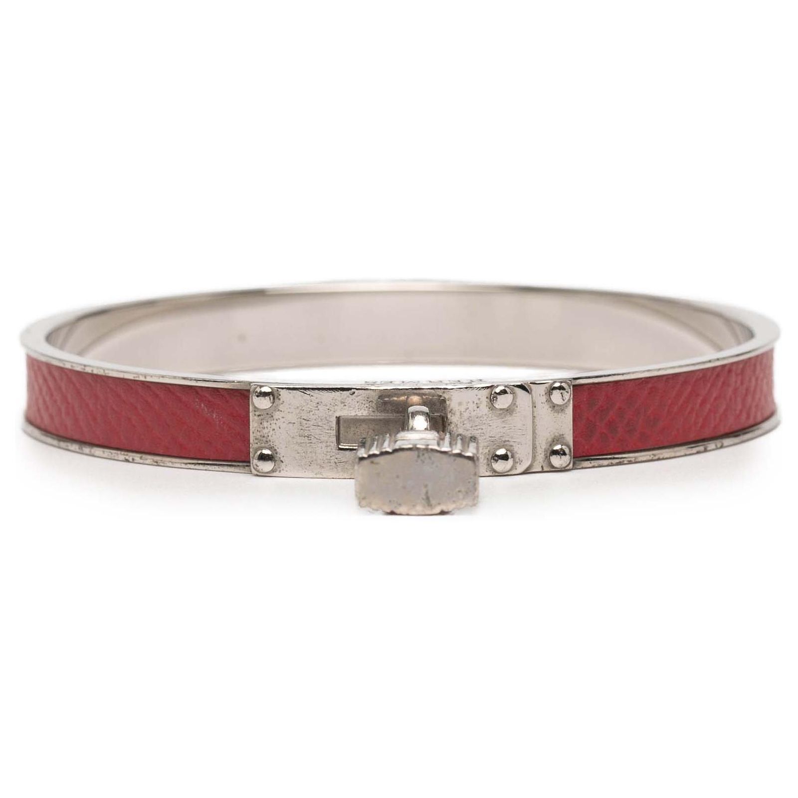Hermès Red Palladium Plated Kelly H Lock Bangle Leather Metal Pony 