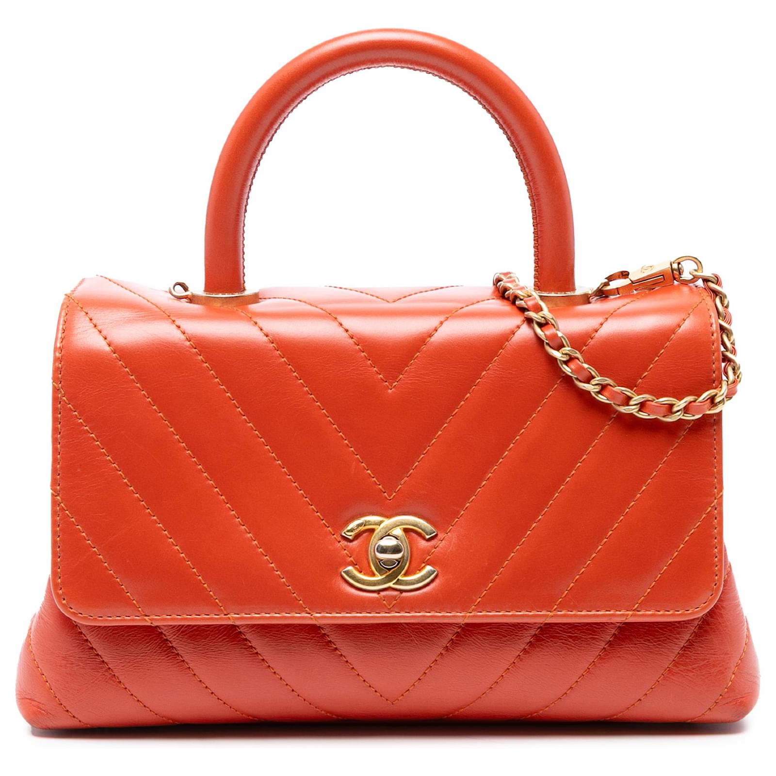 Coco Handle Chanel Orange Mini Chevron Lambskin Coco Top Handle