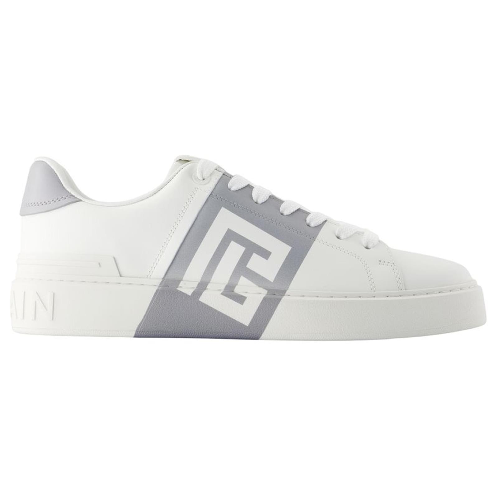 Baskets B-Court Balmain Cuir Blanc/Gris Veau façon poulain